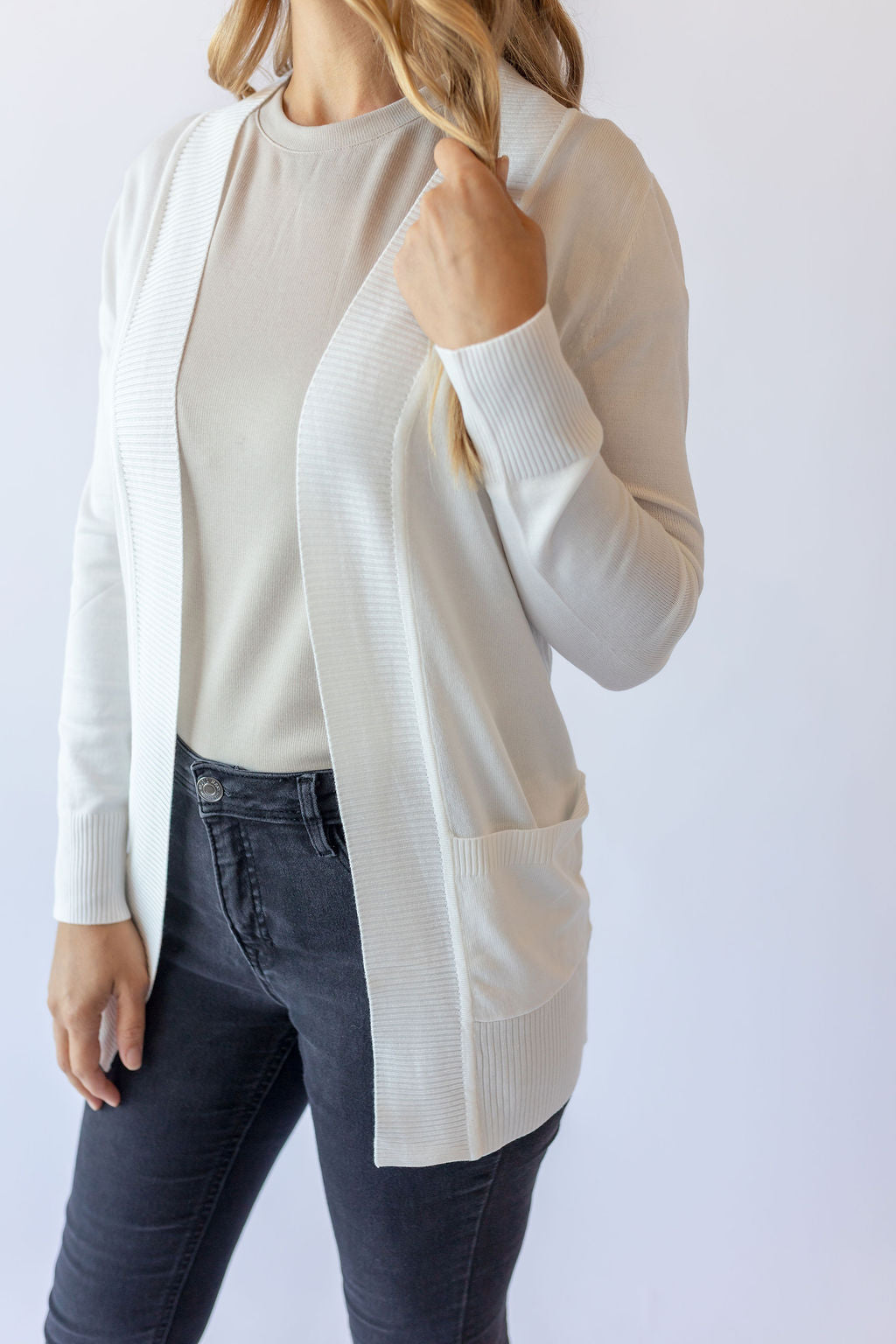 Long Sleeve Rib Detail Cardigan -White
