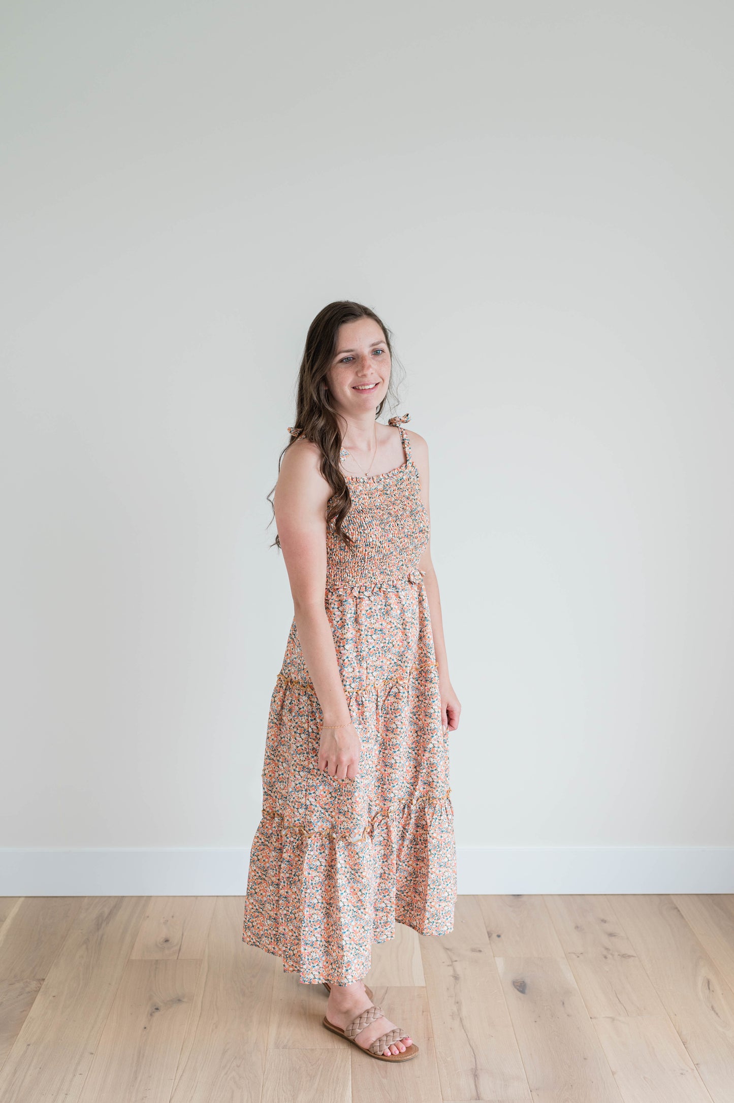 Smocked Tie Shoulder Ruffled Tiered Dress - Yellow
