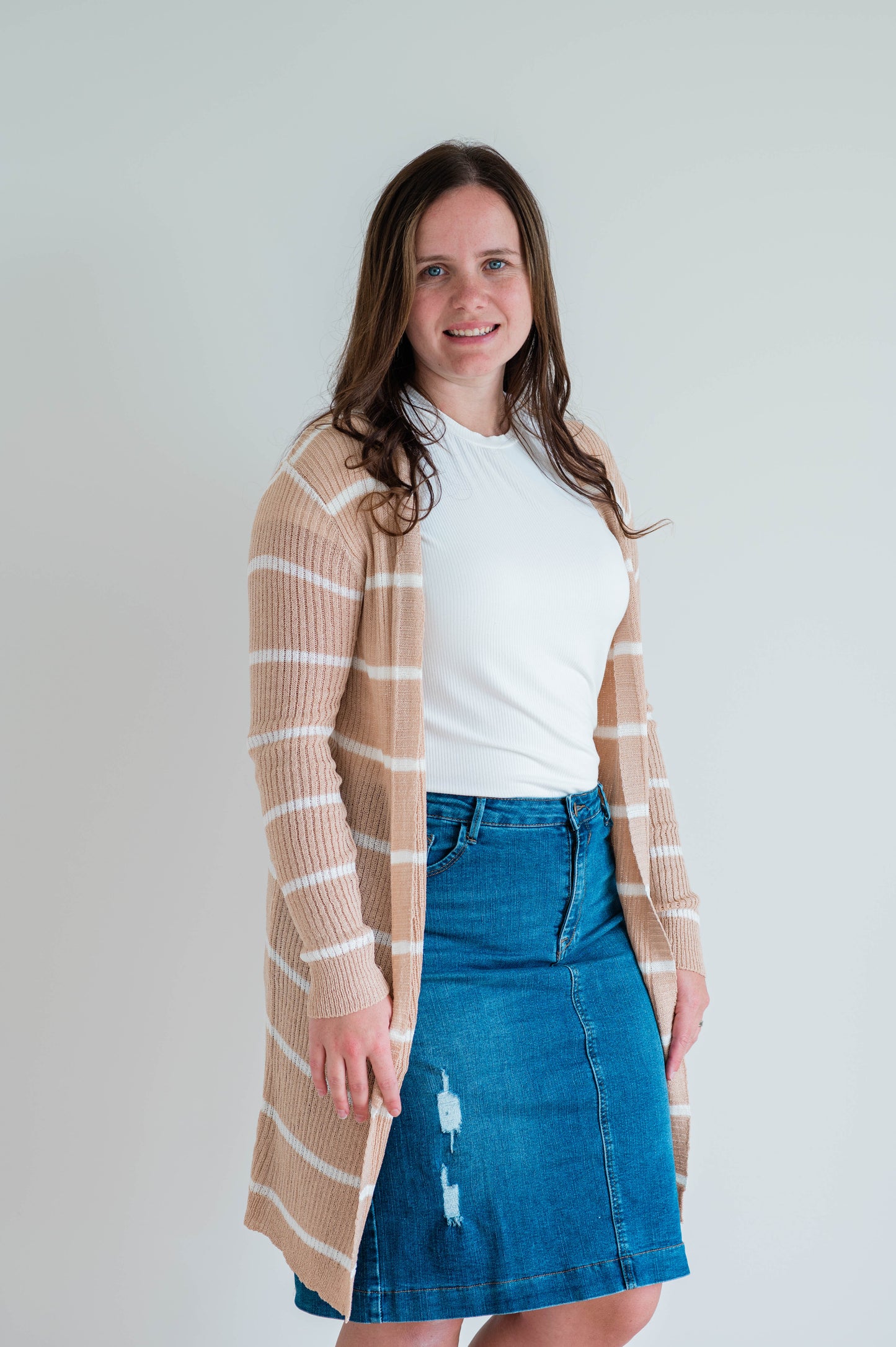 Long Open Cardigan - Mauve/White