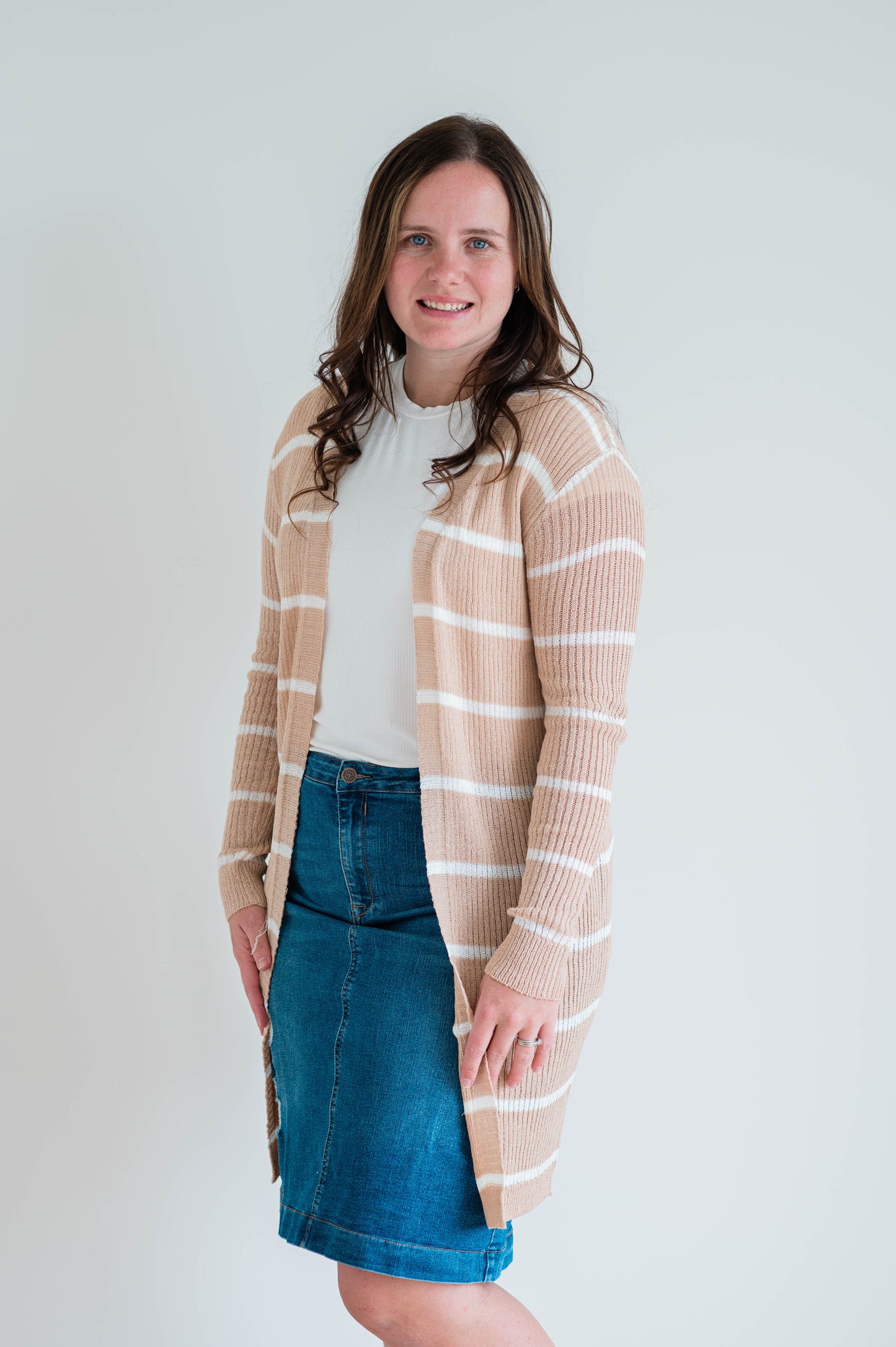 Long Open Cardigan - Mauve/White