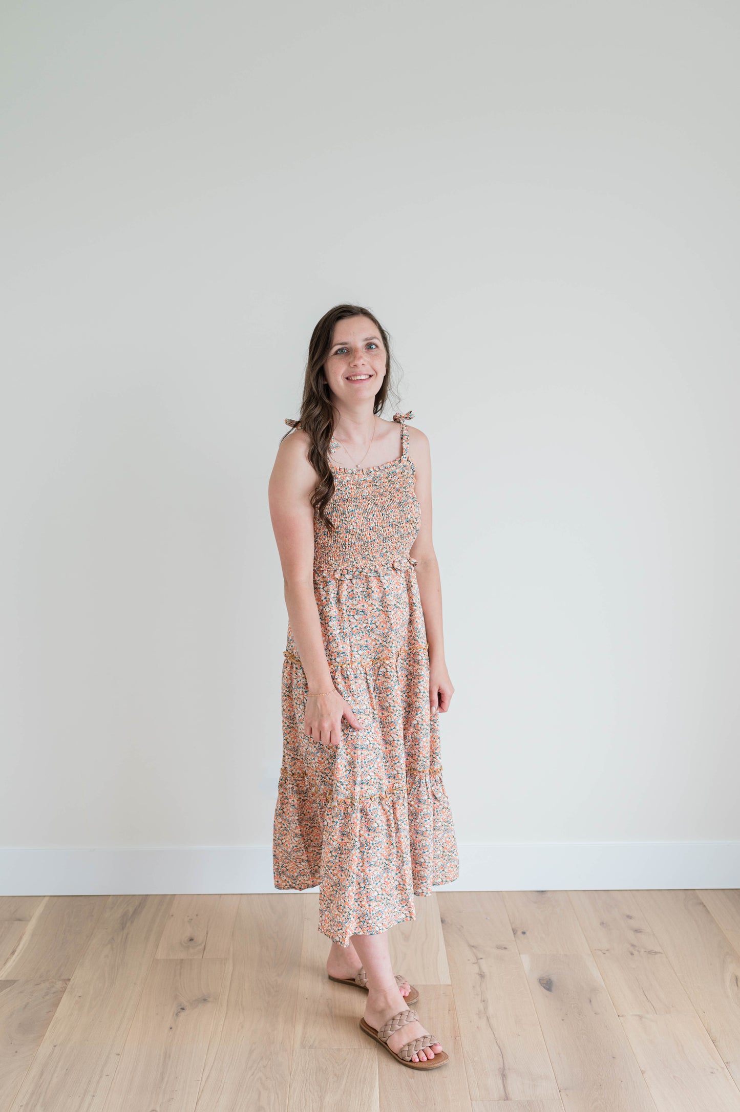 Smocked Tie Shoulder Ruffled Tiered Dress - Yellow