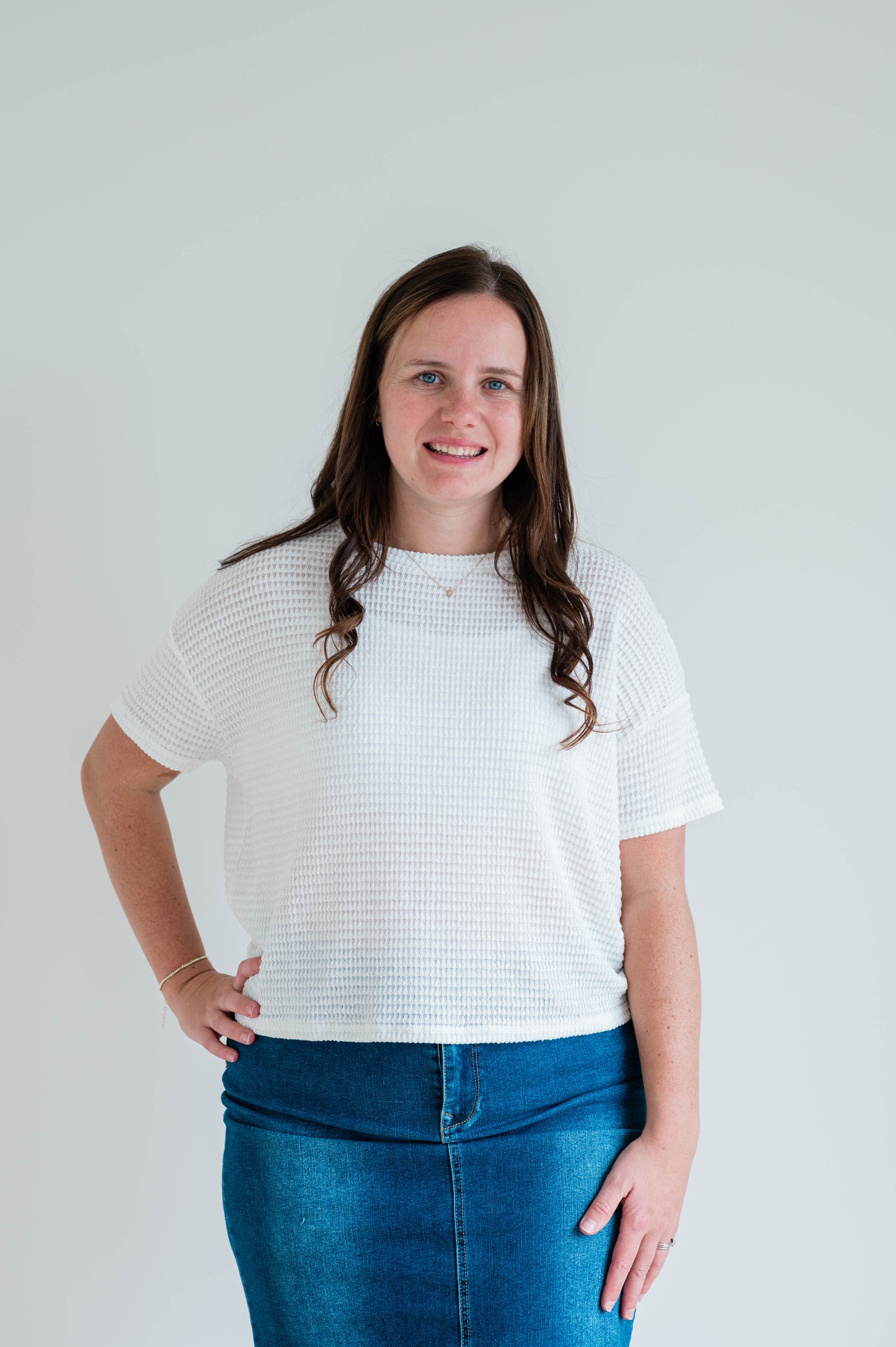 Drop Shoulder Short Sleeve Jacquard Sweater -Off White
