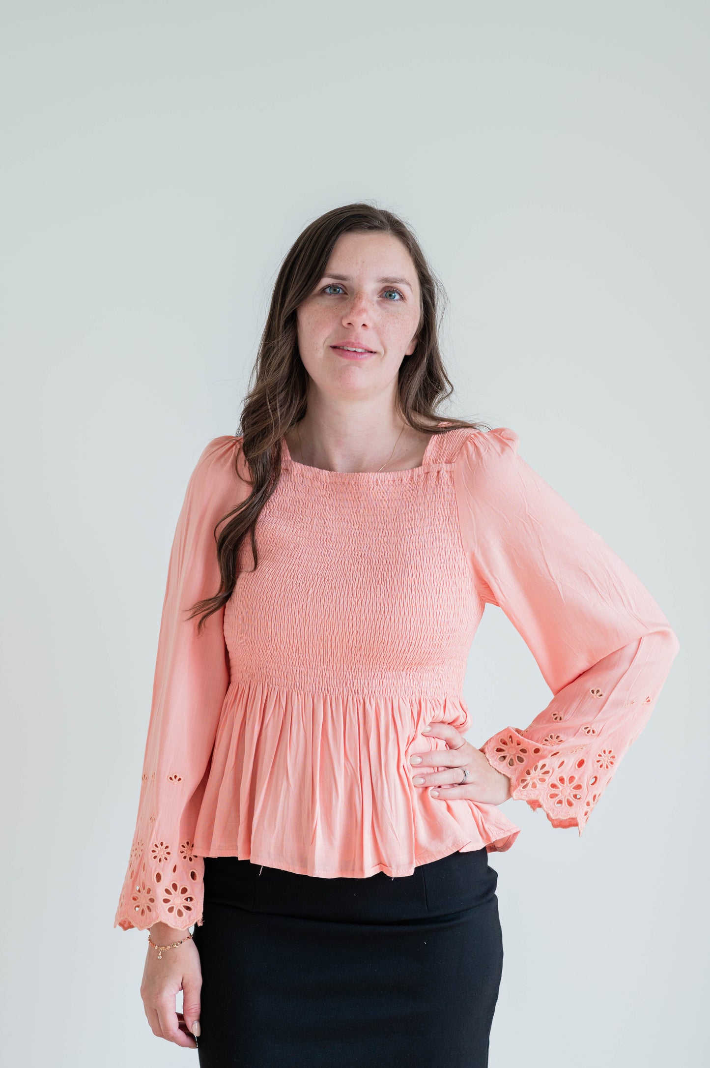 Eyelet Sleeve Smocked Top -Blush