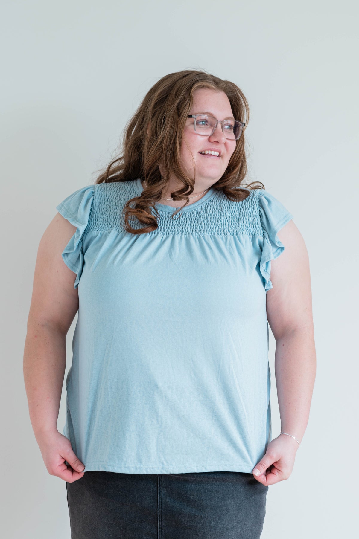 Smocked Ruffle Shoulder Knit Top -Plus