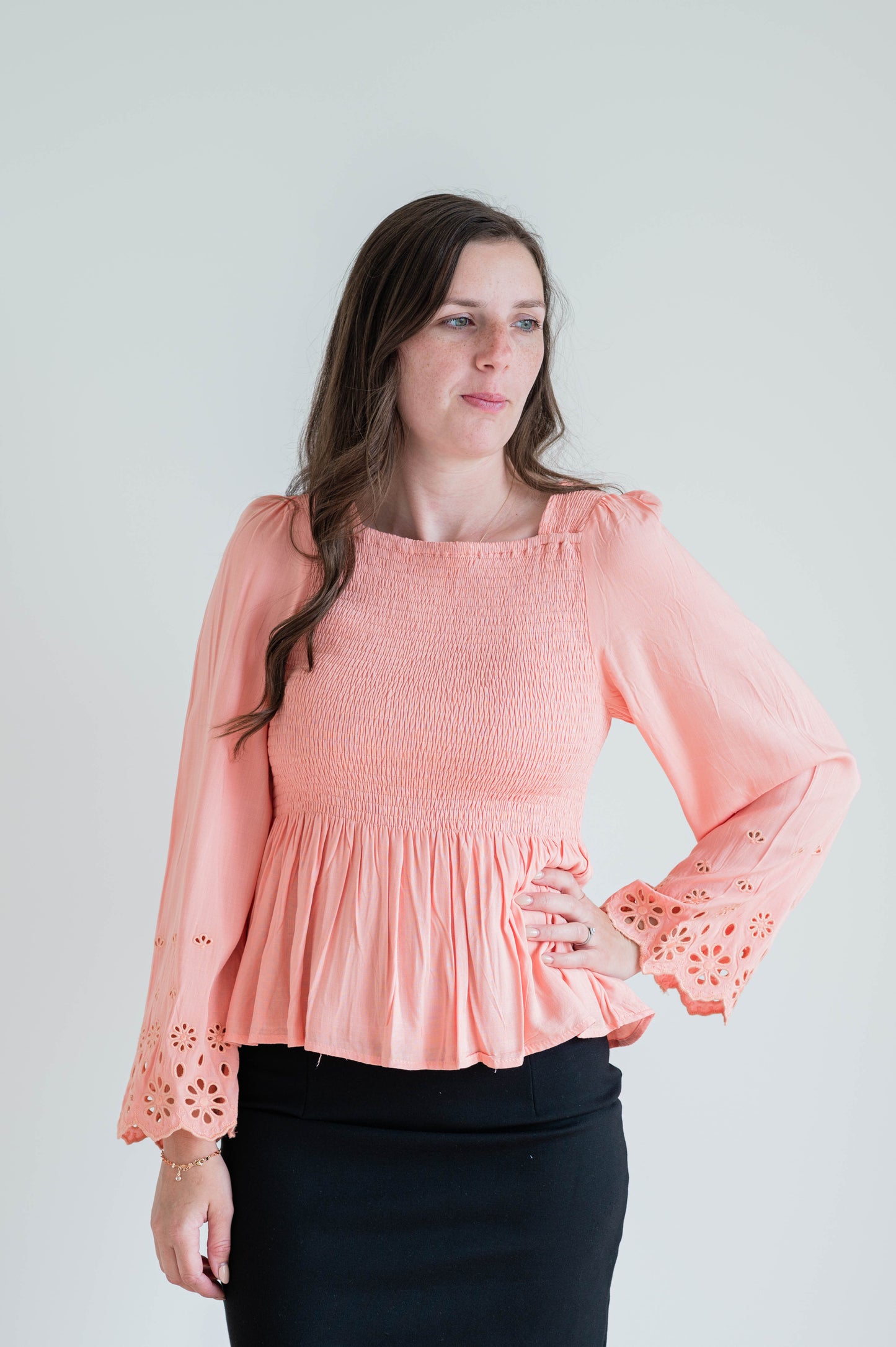 Eyelet Sleeve Smocked Top -Blush