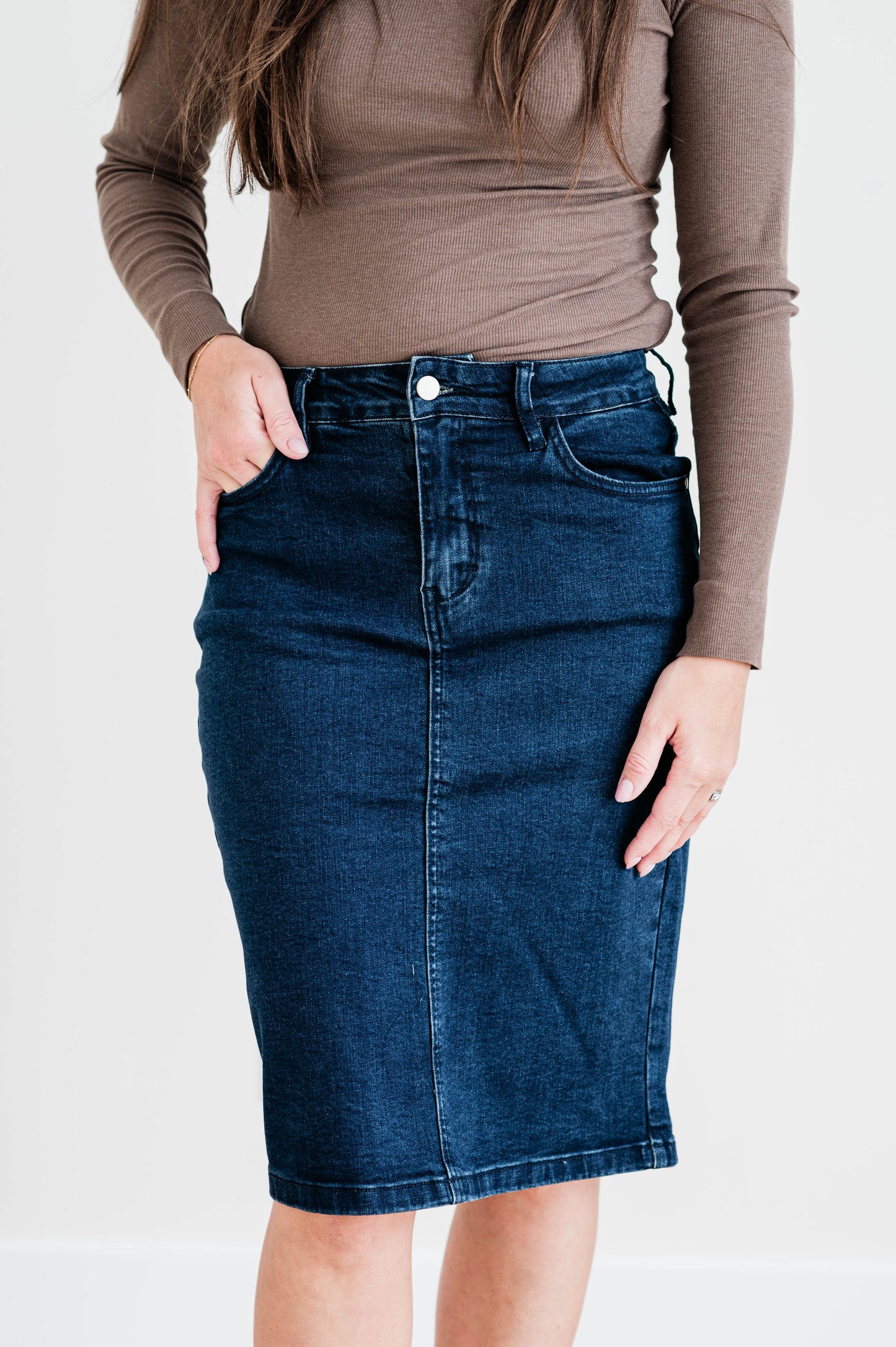 Krista Knee Length Denim Pencil Skirt - Dark Wash