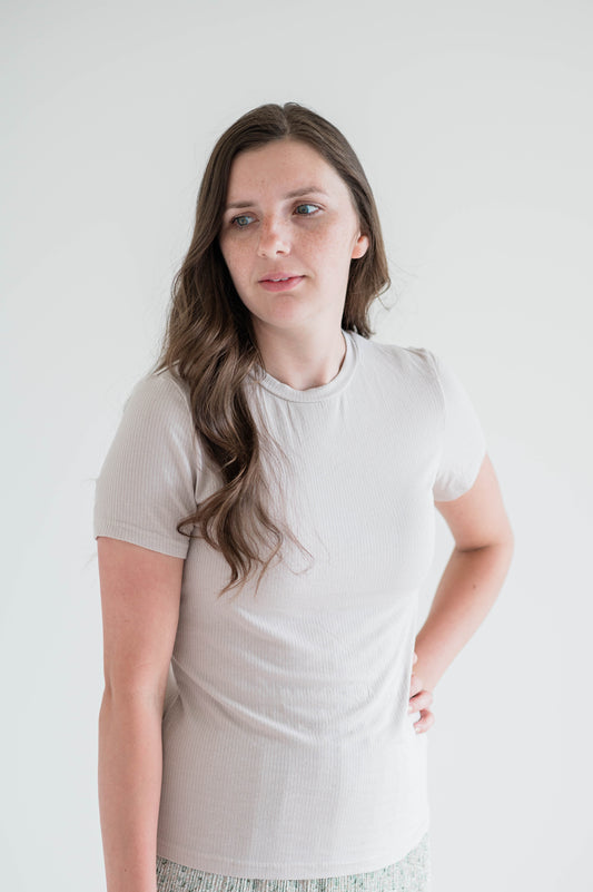 Short Sleeve Ribbed Tee in Sand - Plus