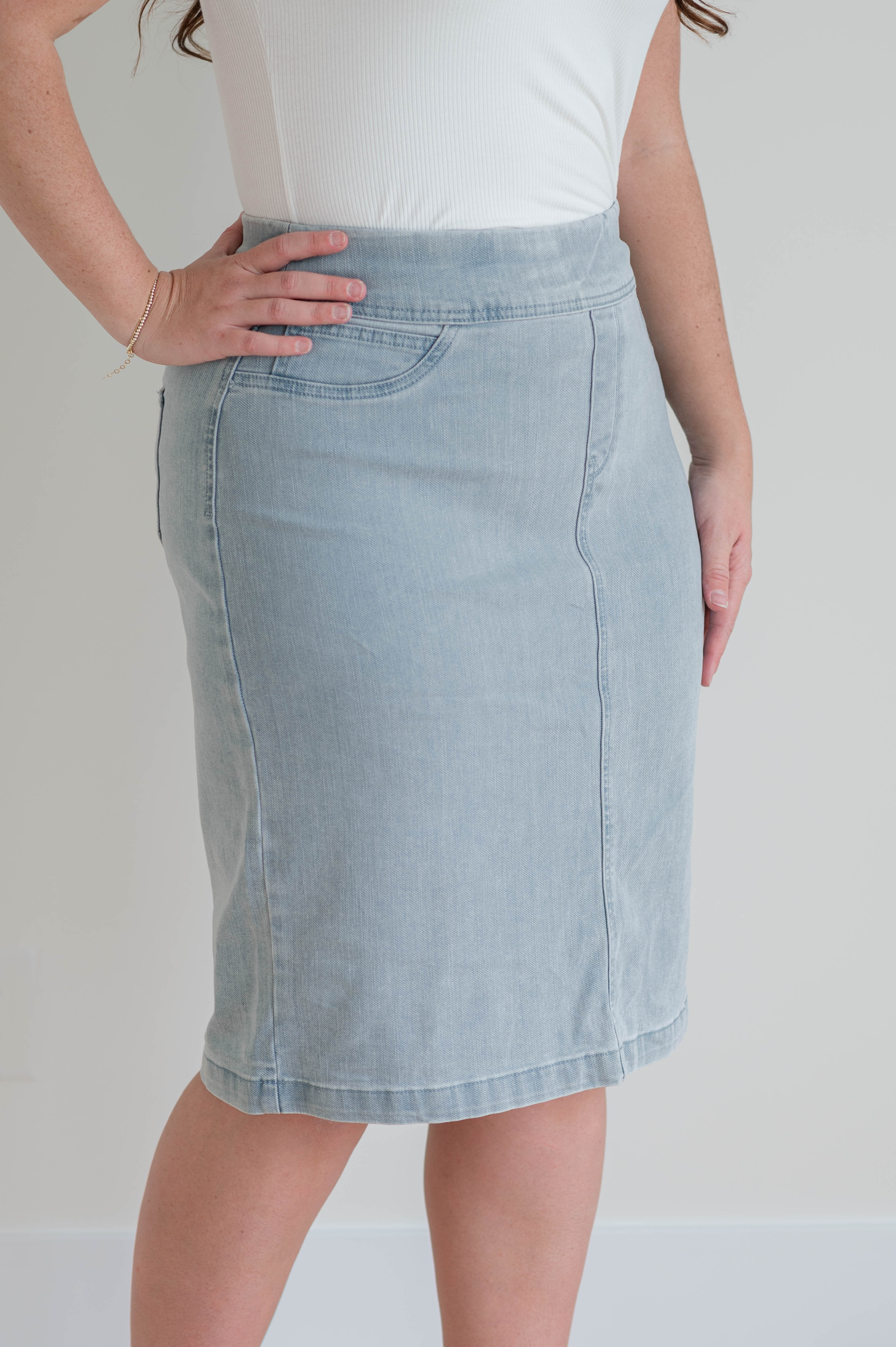 Grey denim skirt knee length best sale