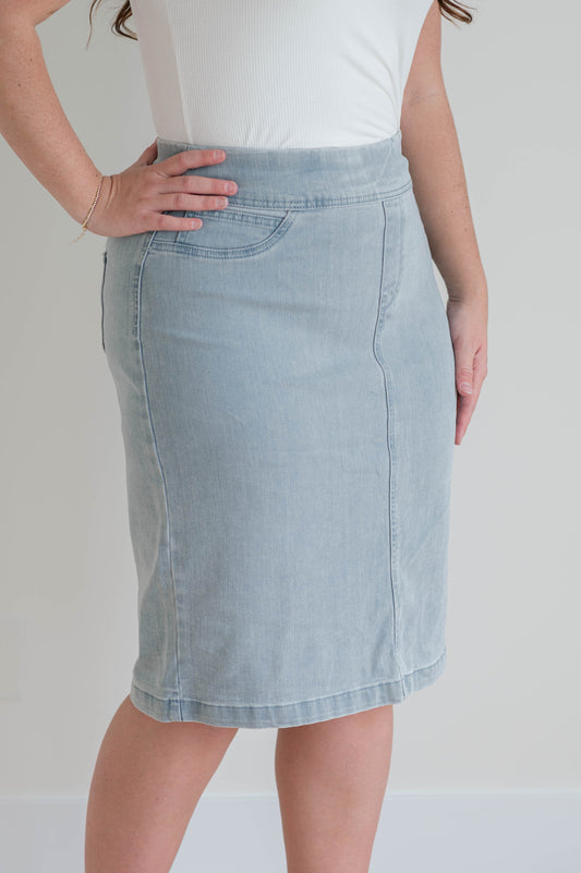 Sara Knee Length Denim Skirt -Vintage Wash