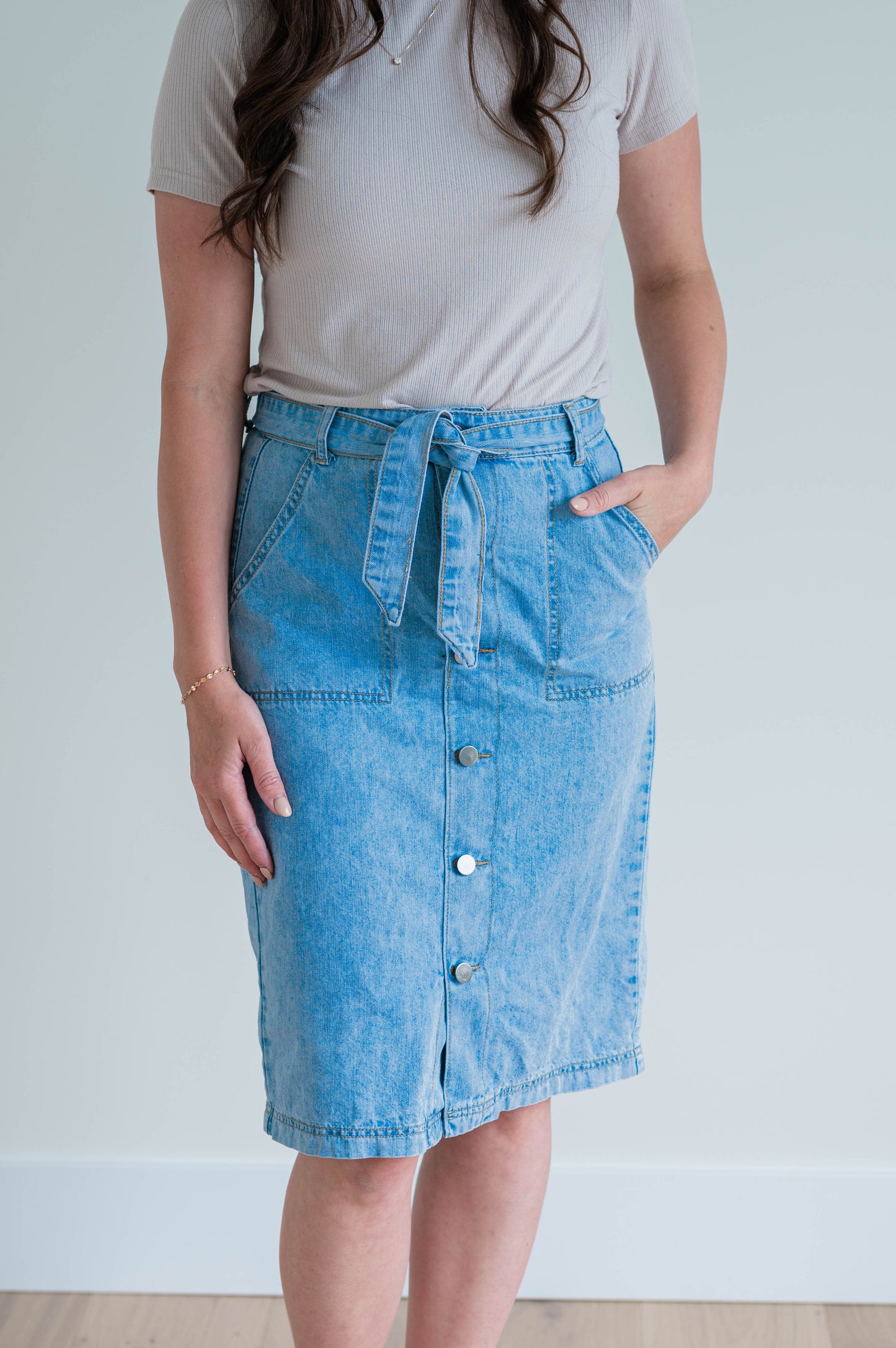 Cassidy Button Down Tie Waist Denim Skirt - Light Wash