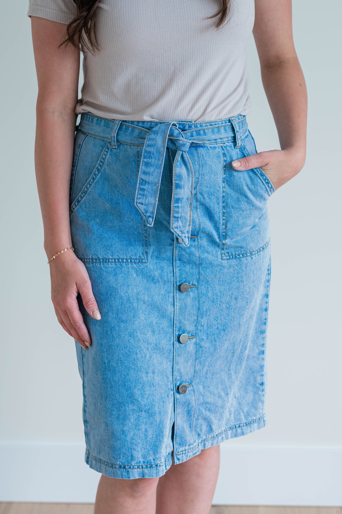 Cassidy Button Down Tie Waist Denim Skirt - Light Wash