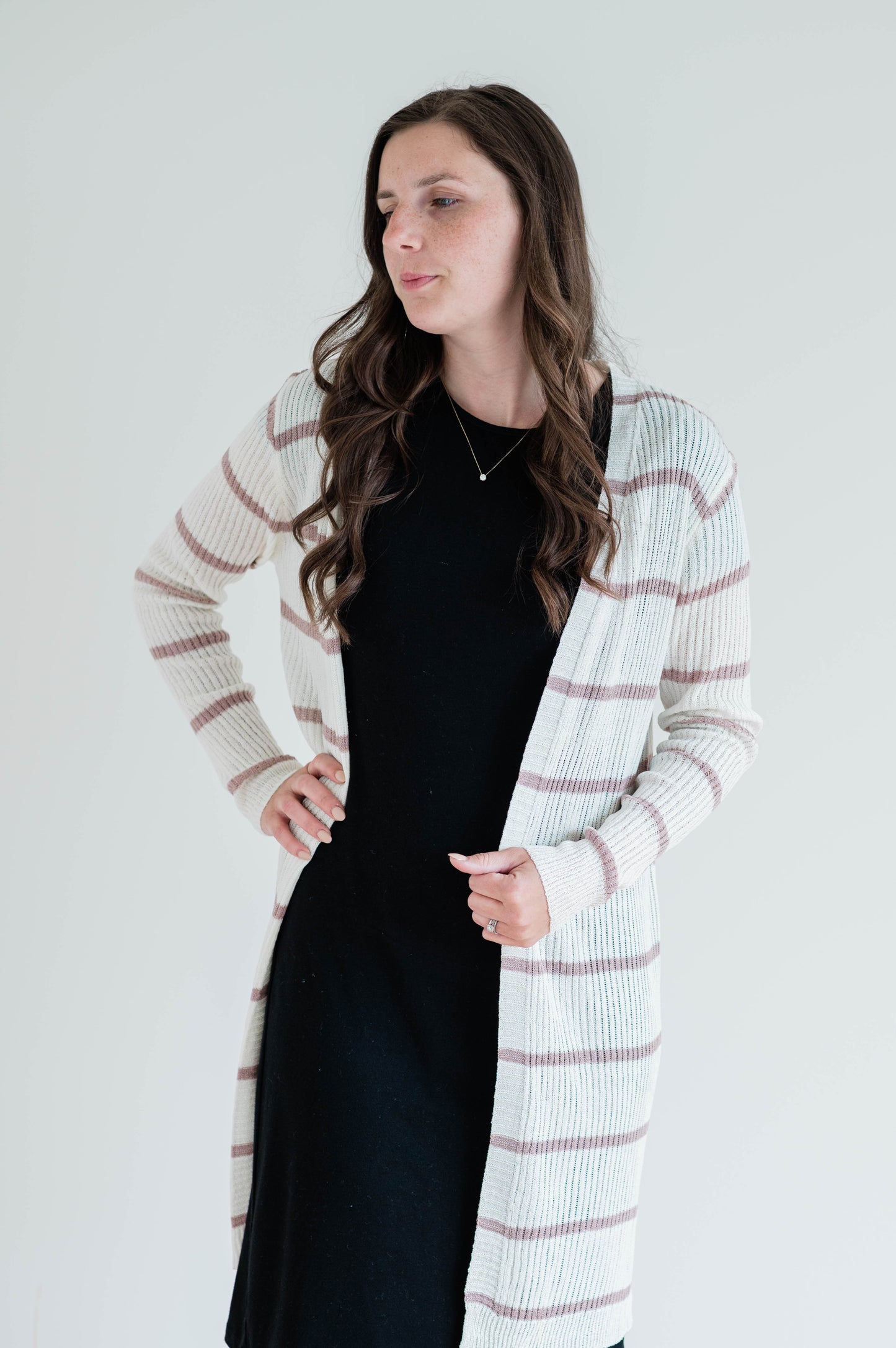 Ribbed Long Open Cardigan - Misty Lavender / White