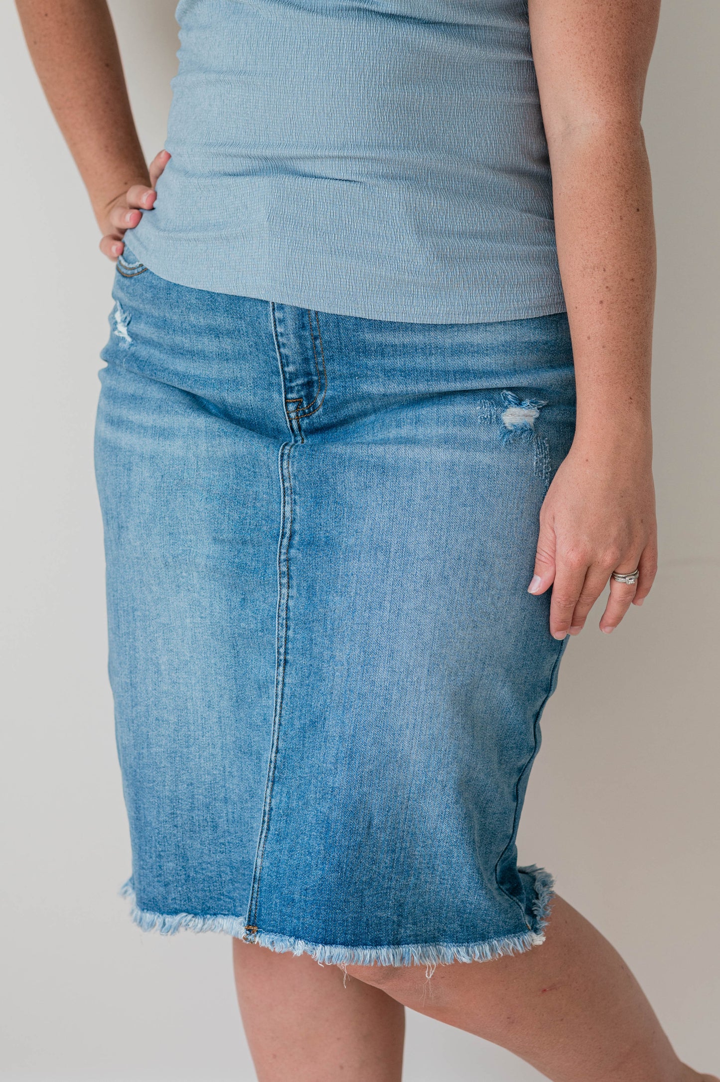 Distressed Stretch Denim Skirt