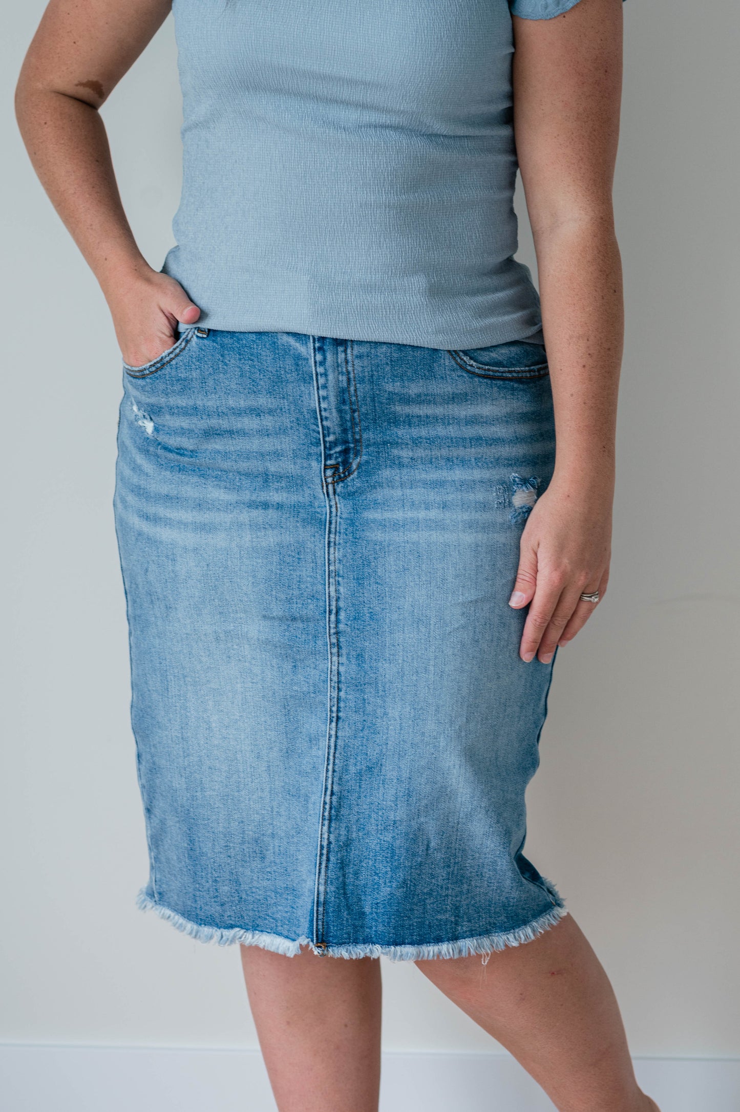 Distressed Stretch Denim Skirt