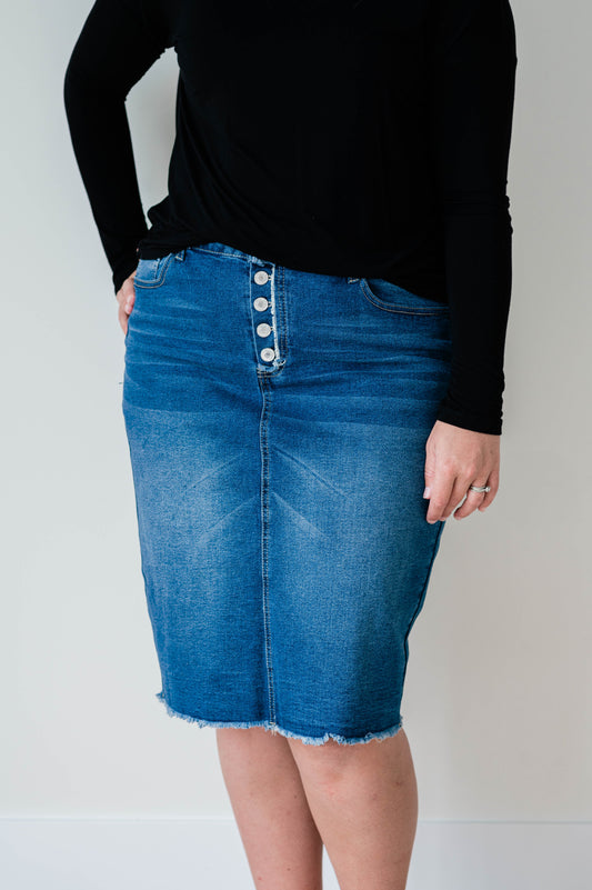 Medium Wash Frayed Hem Denim Skirt