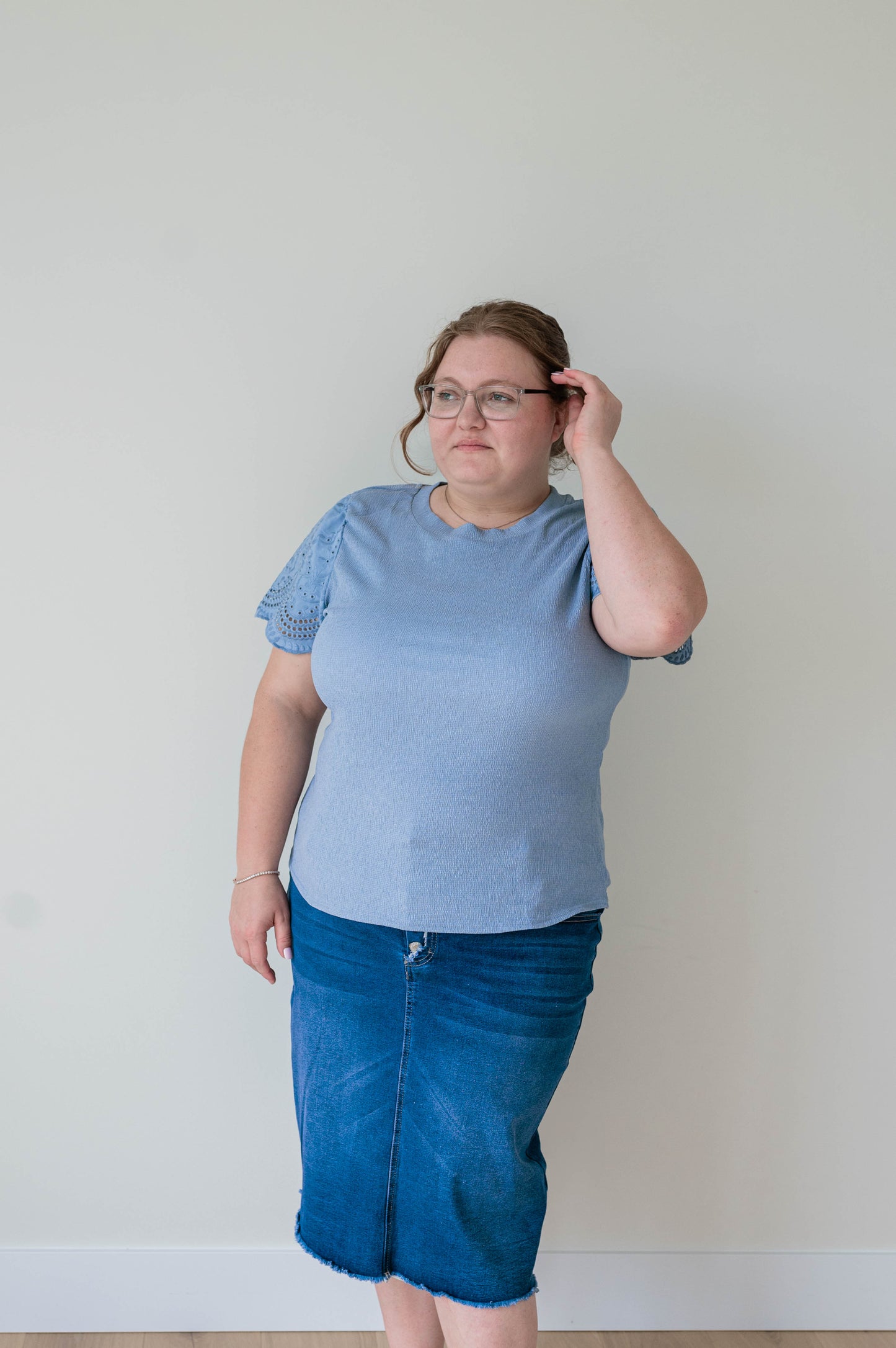 Dusty Blue Eyelet Knit Top - Plus