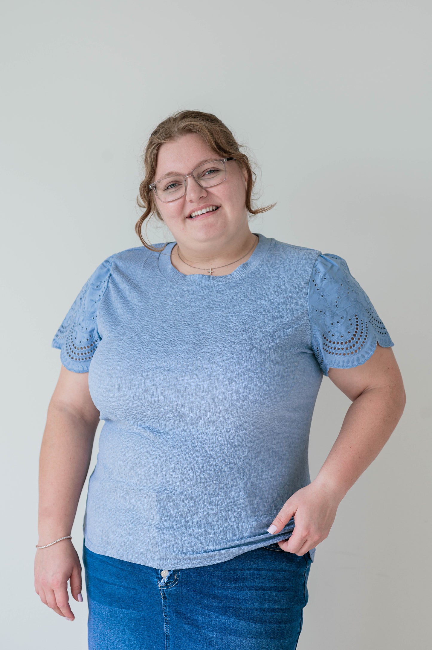 Dusty Blue Eyelet Knit Top - Plus