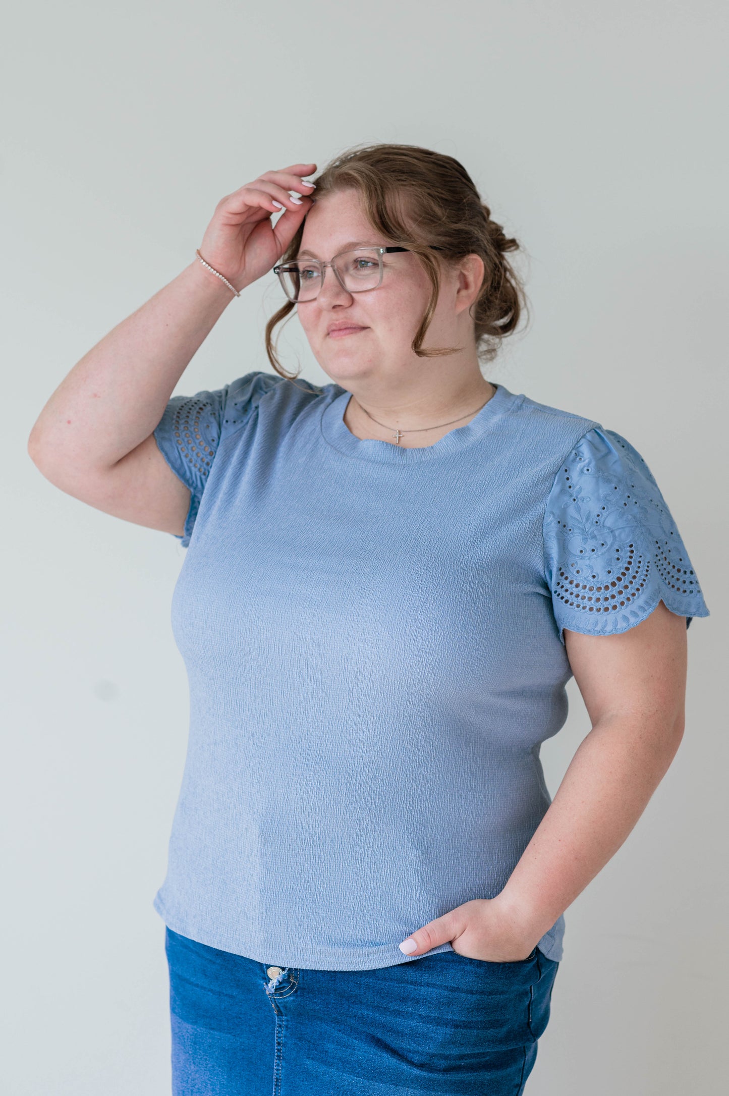 Dusty Blue Eyelet Knit Top - Plus