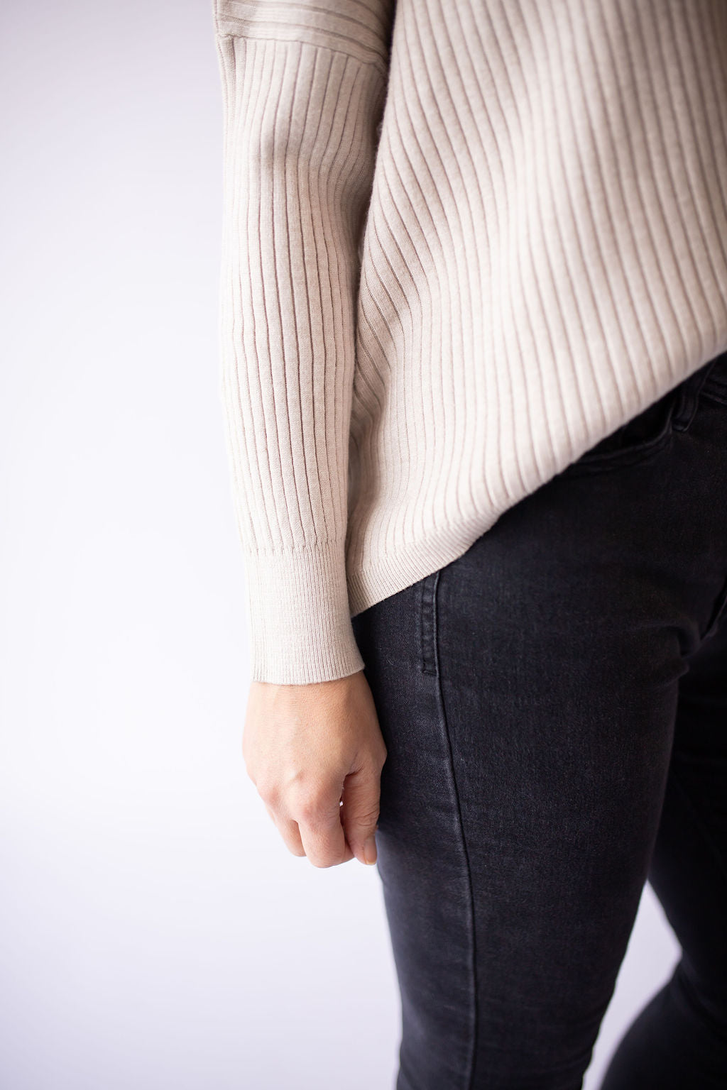 Drop Shoulder Ribbed Long Sleeve -Taupe