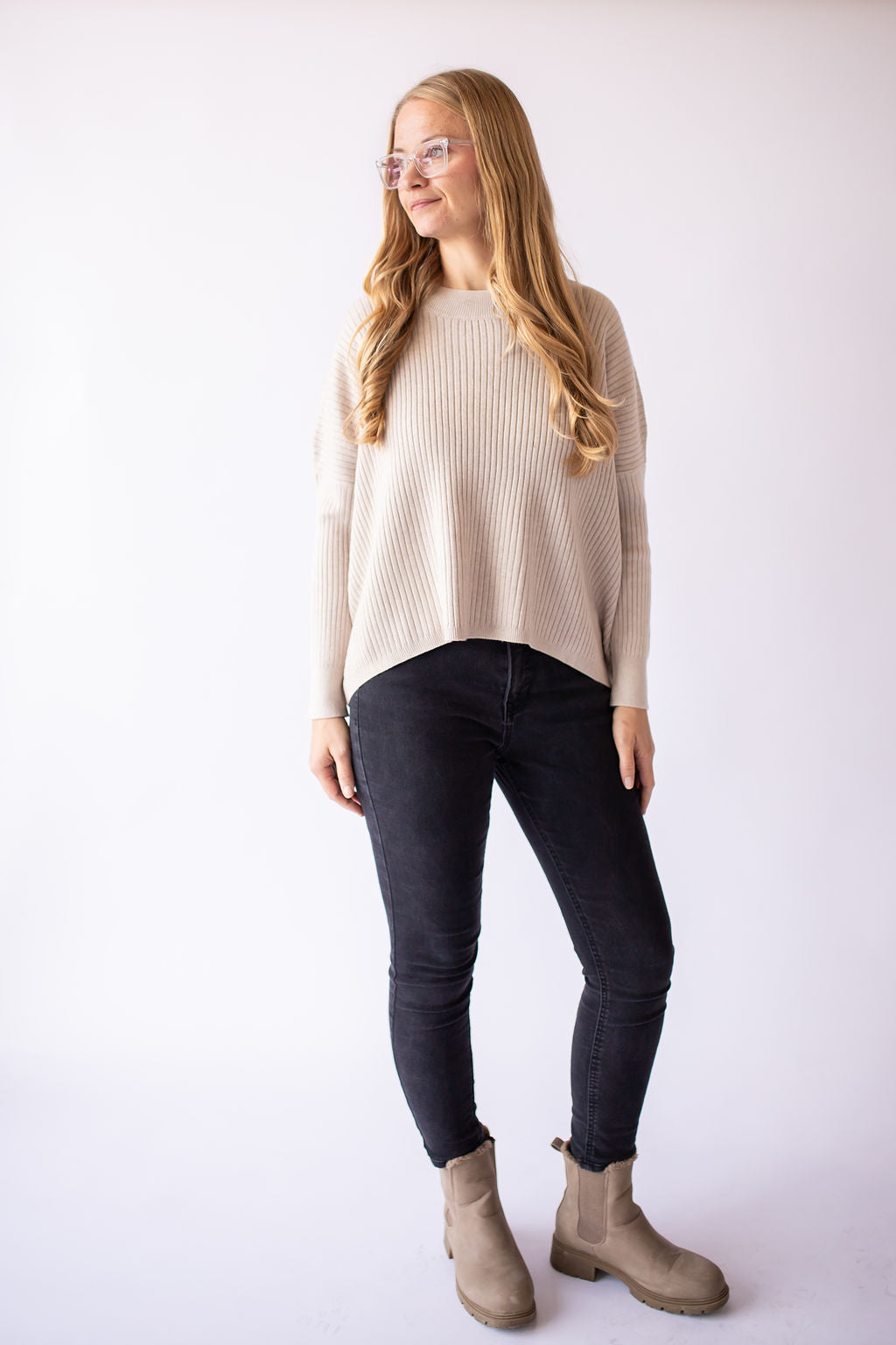Drop Shoulder Ribbed Long Sleeve -Taupe