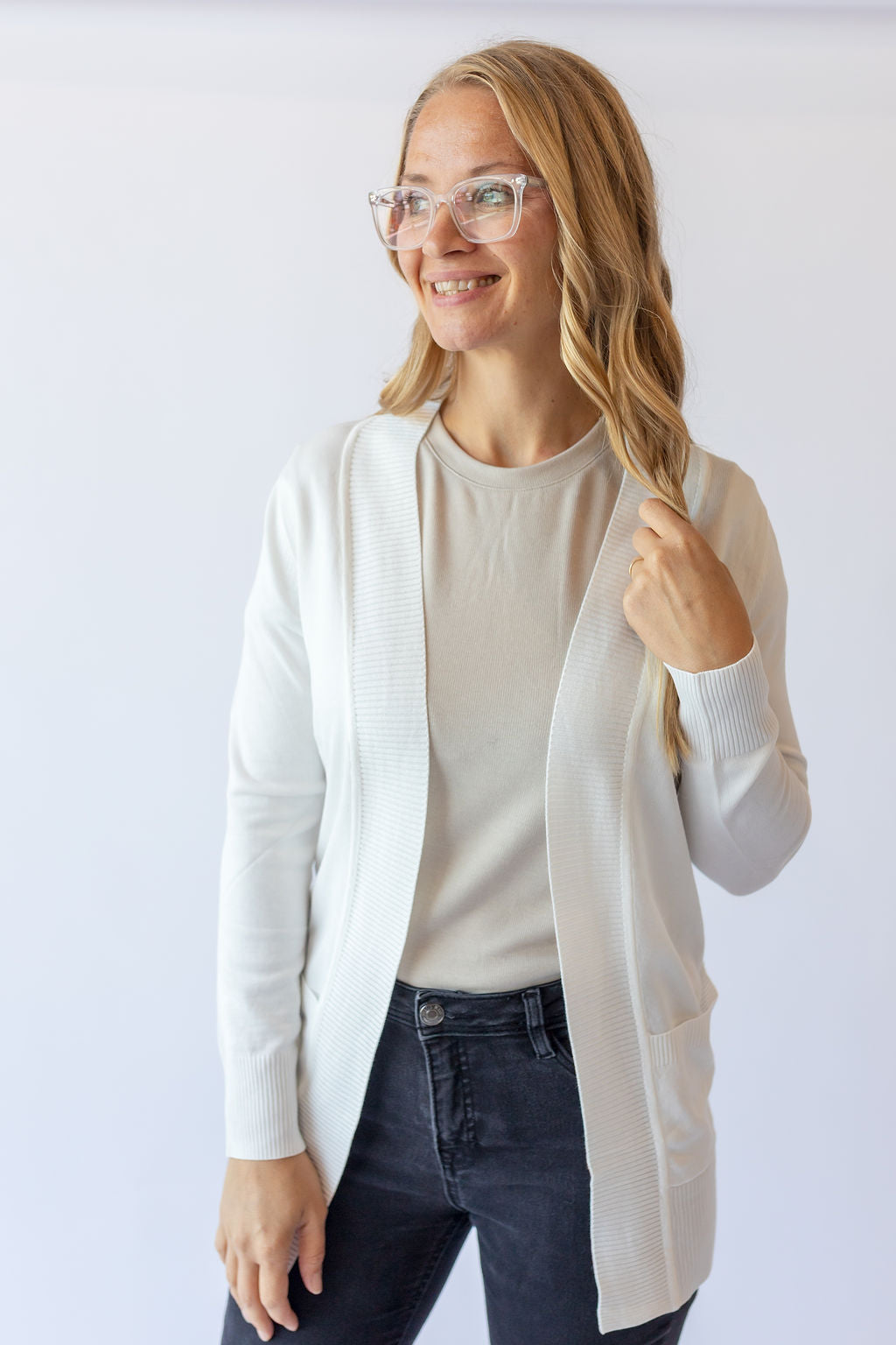 Long Sleeve Rib Detail Cardigan -White
