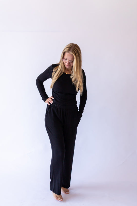 Ribbed Wide Leg Pants -Black