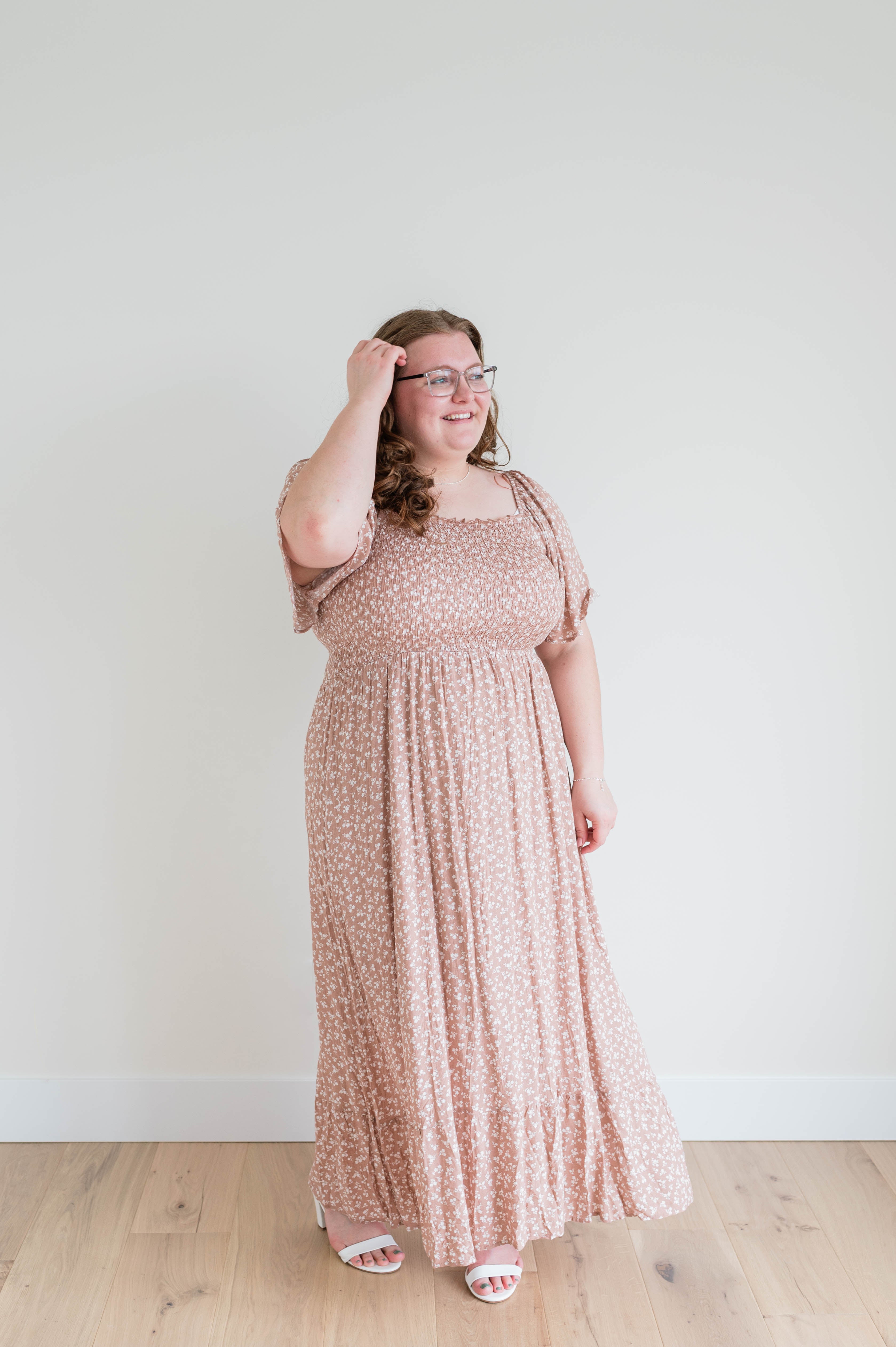 Convertible Smocked Midi Dress Nude