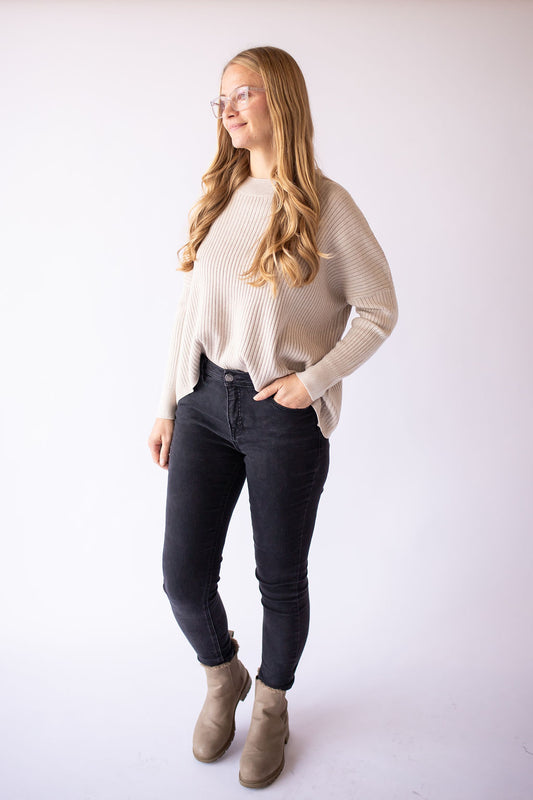Drop Shoulder Ribbed Long Sleeve -Taupe
