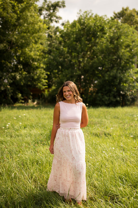 Lynn Floral Tiered Maxi Skirt -Pink