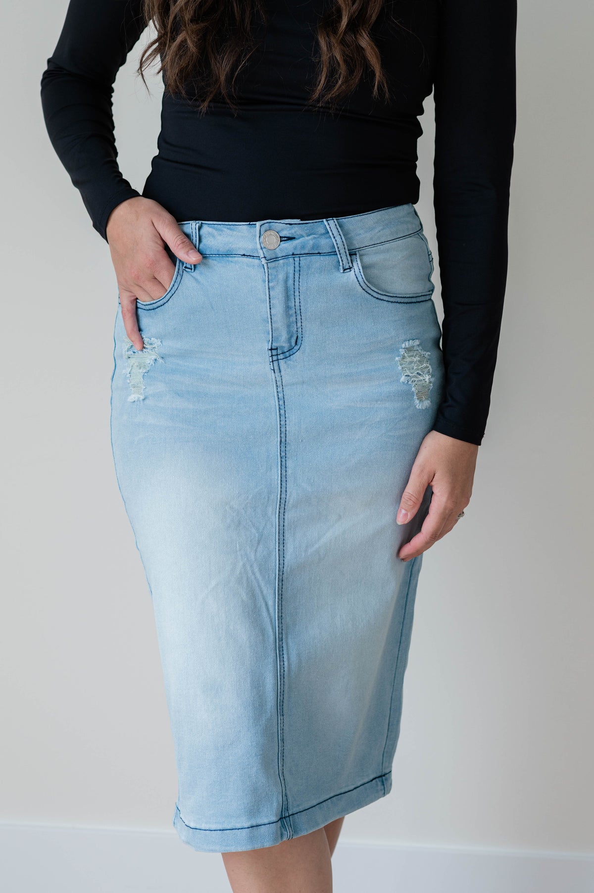 Light Wash Distressed Denim Skirt