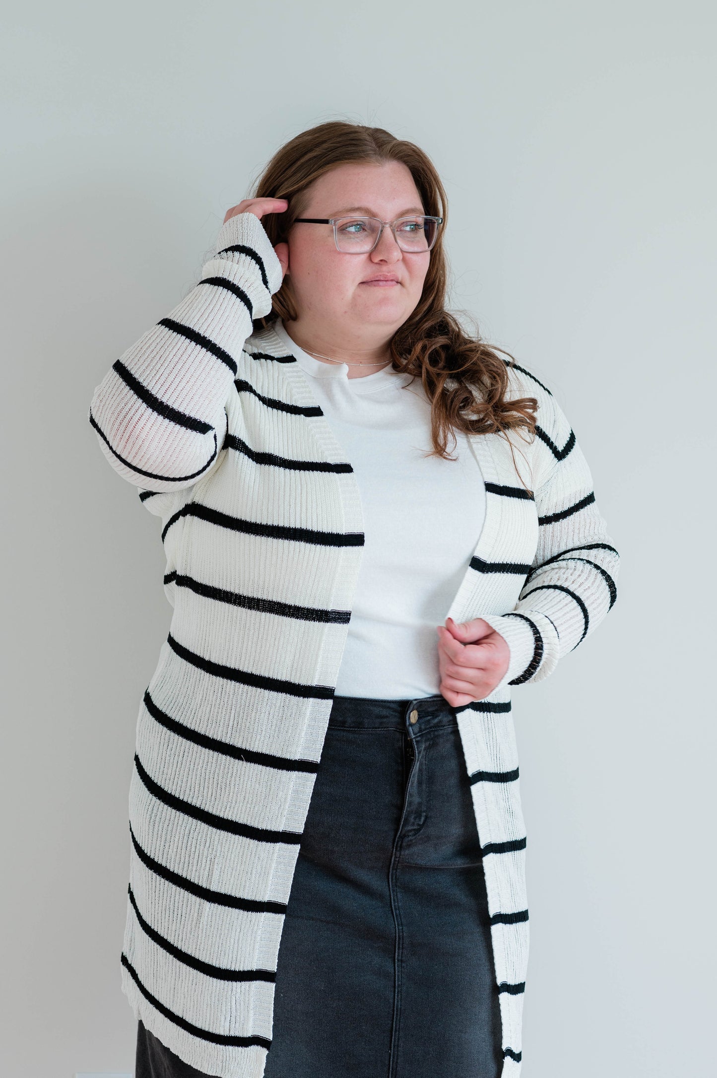 Long Ribbed Long Open Cardigan, Plus, Curve White/Black Plus