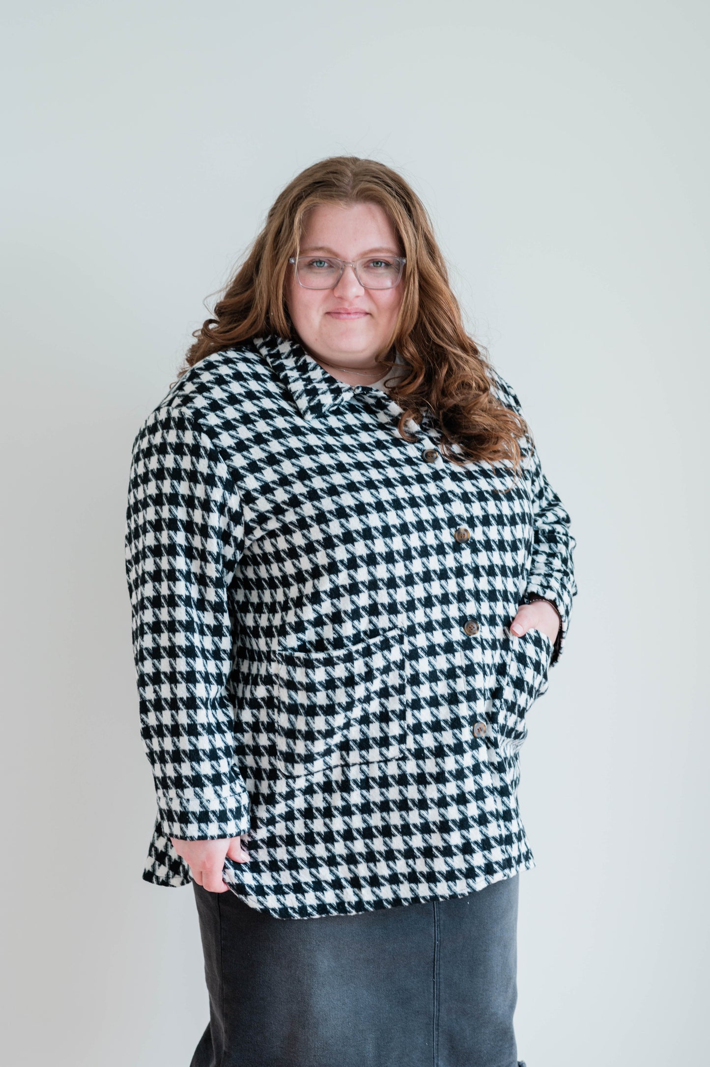 Plus Houndstooth Front Pocket Detail Coat Black