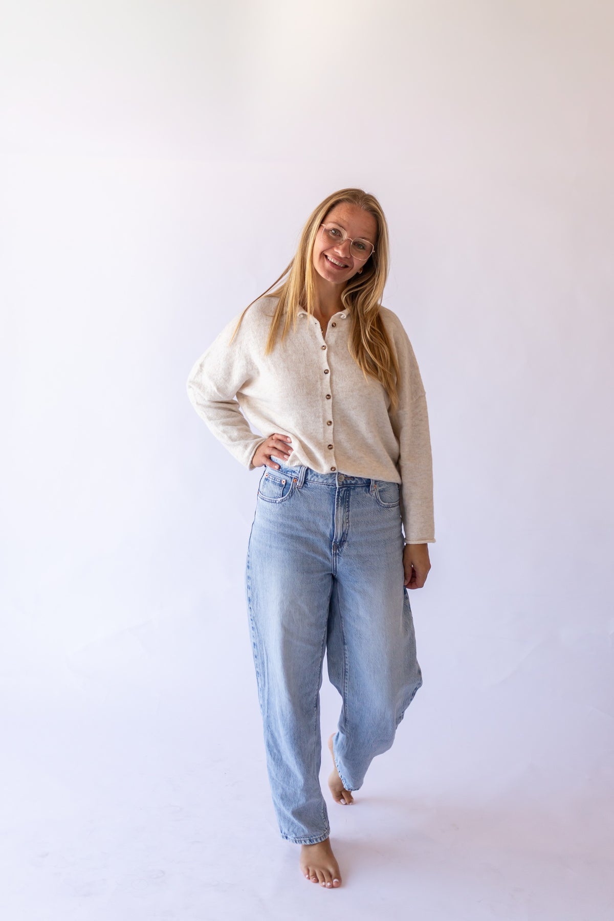 Raw Hem Button Down Cardigan -Oatmeal