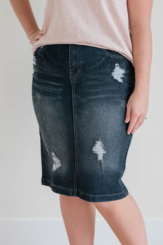 Dark Indigo Wash Distressed Denim Skirt