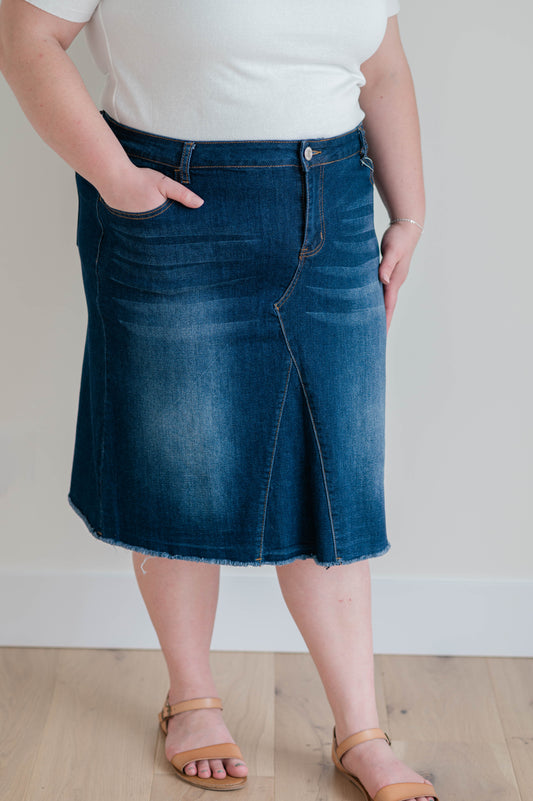 Dark Indigo Wash Frayed Denim Skirt Plus