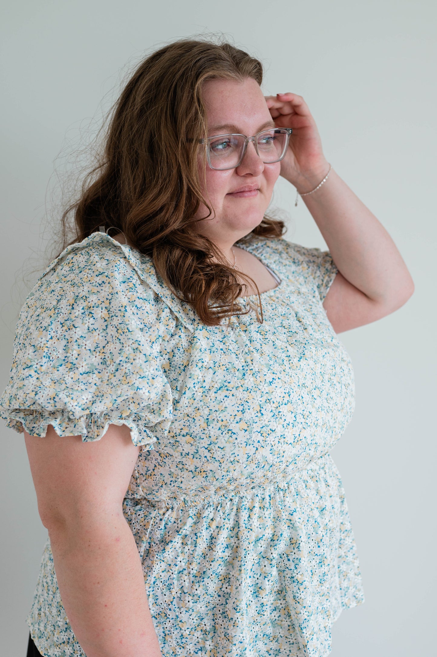 Embroidered Eyelet Ruffled Floral Peplum Top Ivory