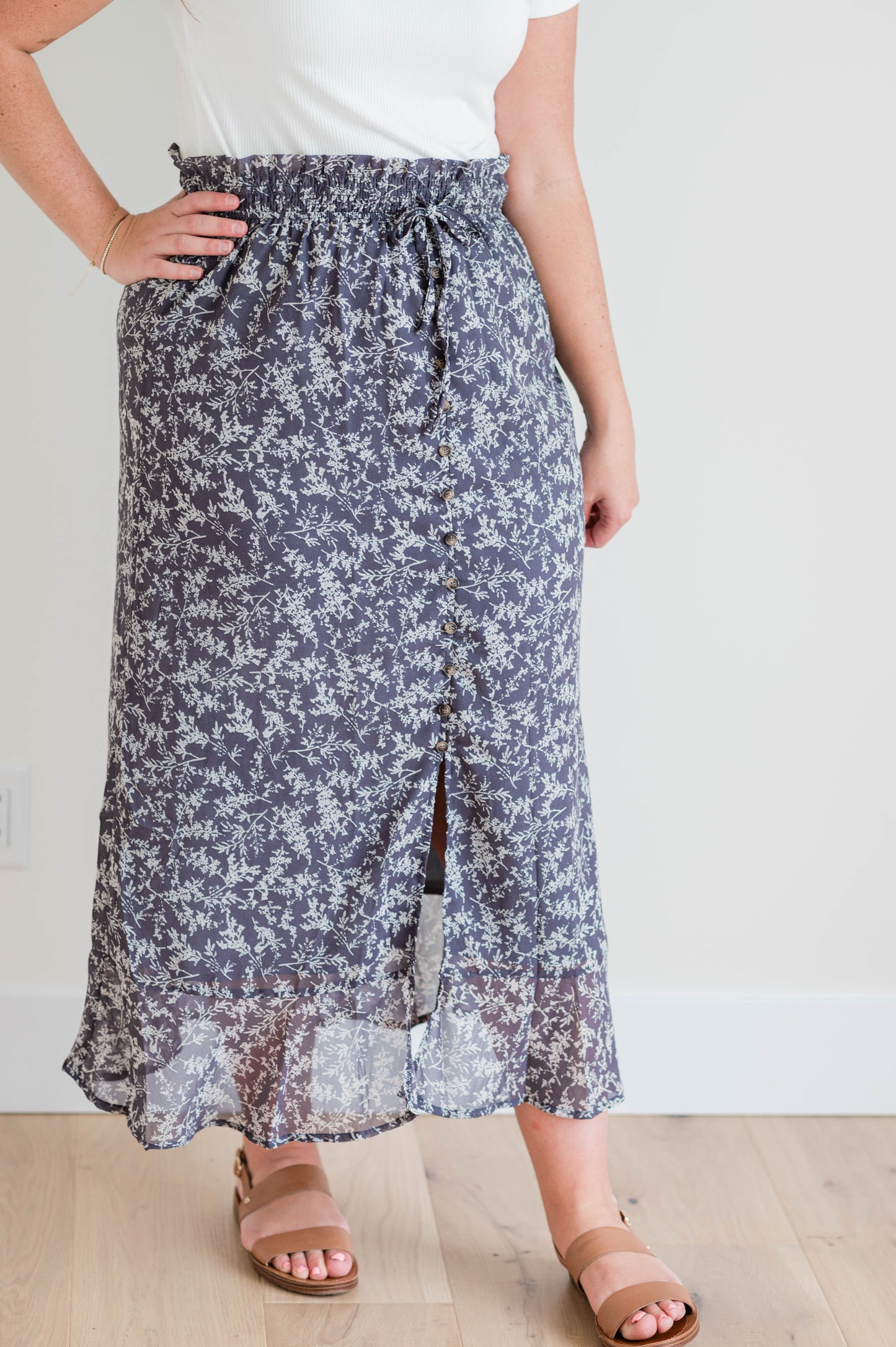 Button Front Skirt - Pewter Branches