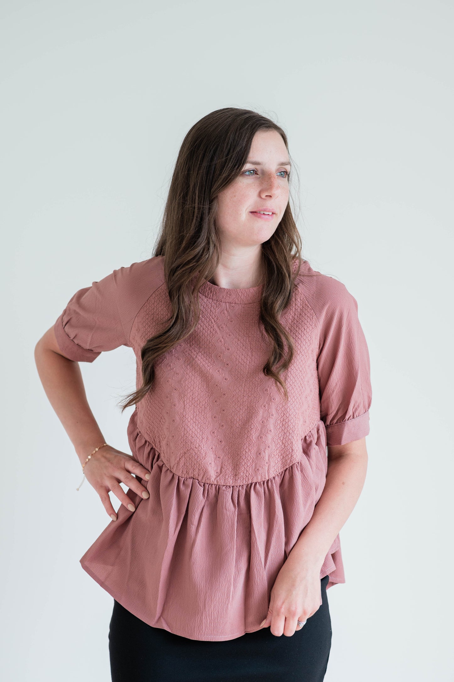 Embroidered Lace Peplum Top - Mauve