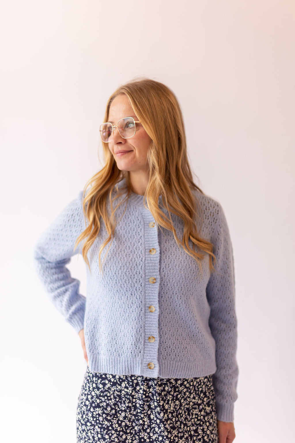 Eyelet Knit Cardigan -Light Blue