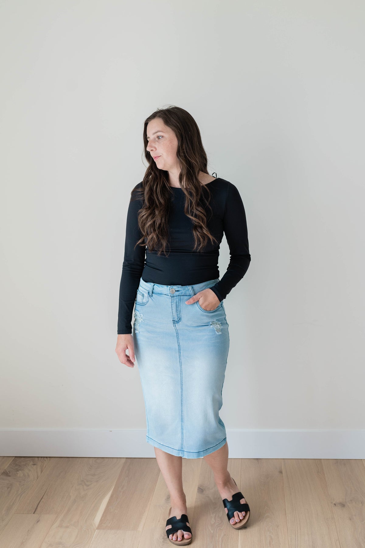 Light Wash Distressed Denim Skirt