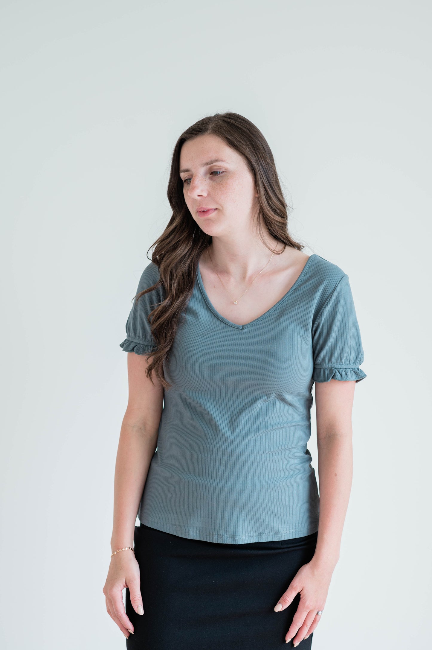 V-Neck Ruffle Tee - Silver Pine