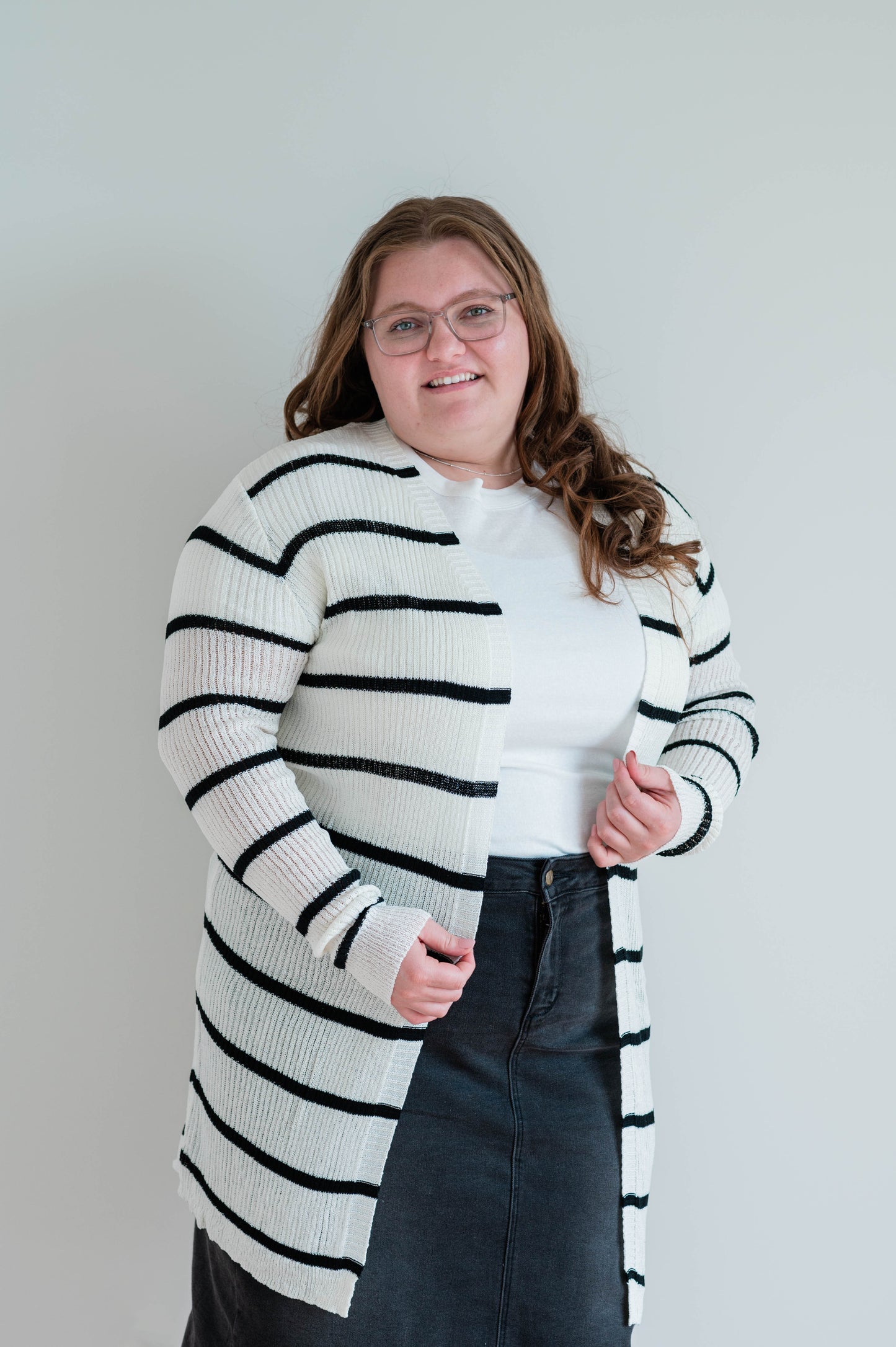 Long Ribbed Long Open Cardigan, Plus, Curve White/Black Plus