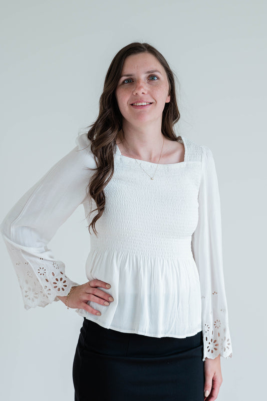 Eyelet Sleeve Smocked Top - Off White