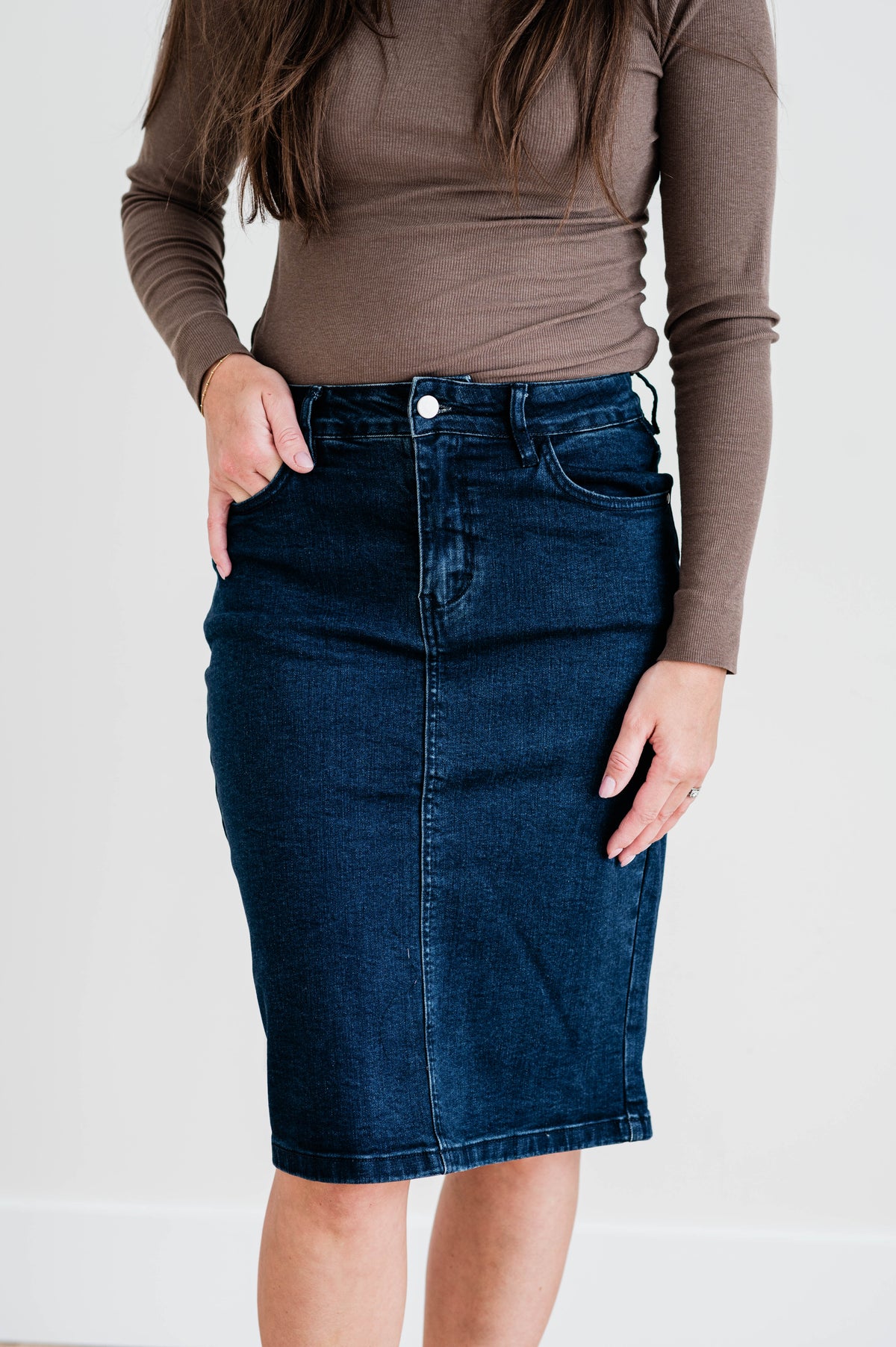 Krista Knee Length Denim Pencil Skirt - Dark Wash