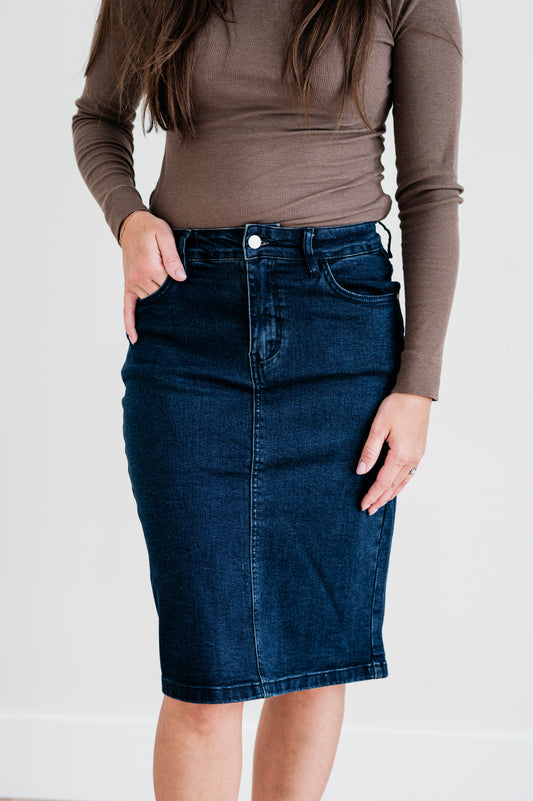 Krista Knee Length Denim Pencil Skirt - Dark Wash