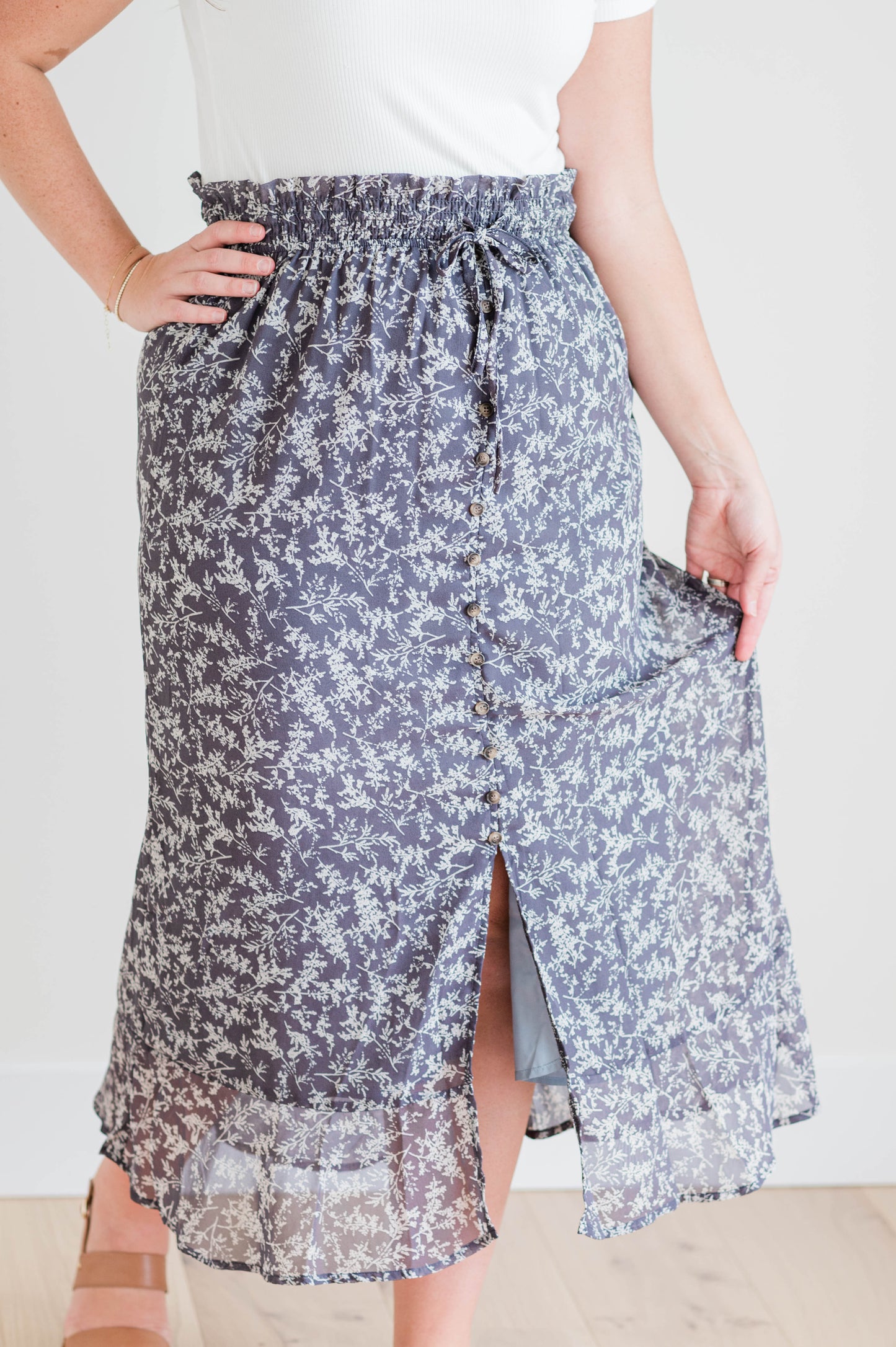 Button Front Skirt - Pewter Branches