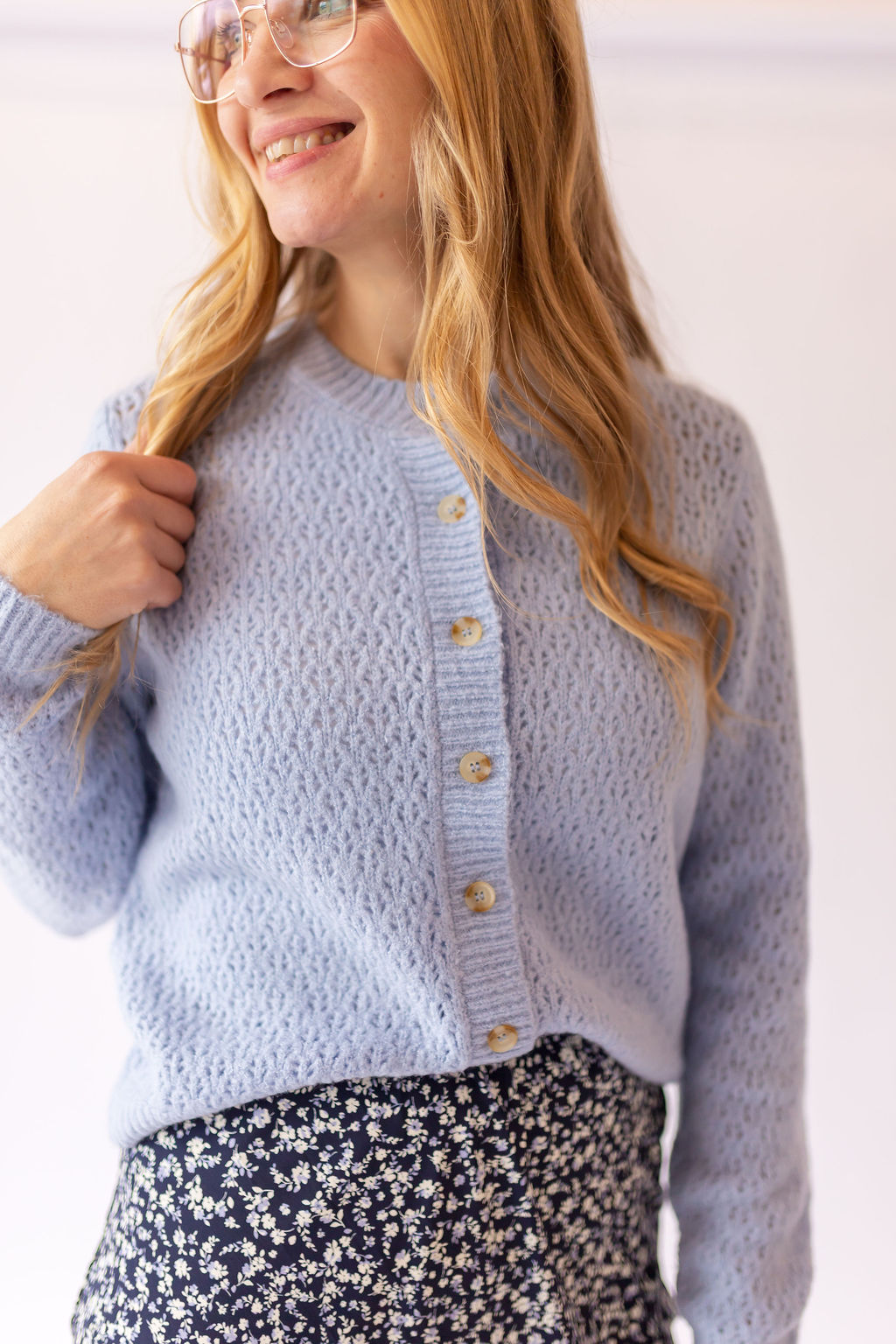 Eyelet Knit Cardigan -Light Blue