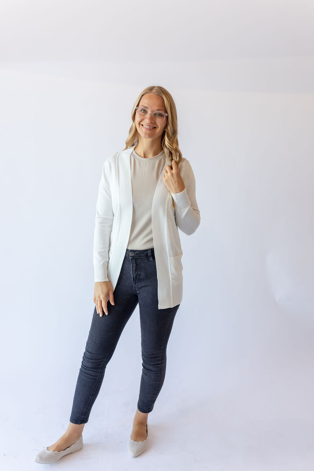 Long Sleeve Rib Detail Cardigan -White