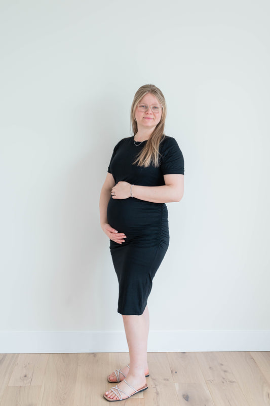 Ruched Short Sleeve Maternity T-shirt Dress -Black