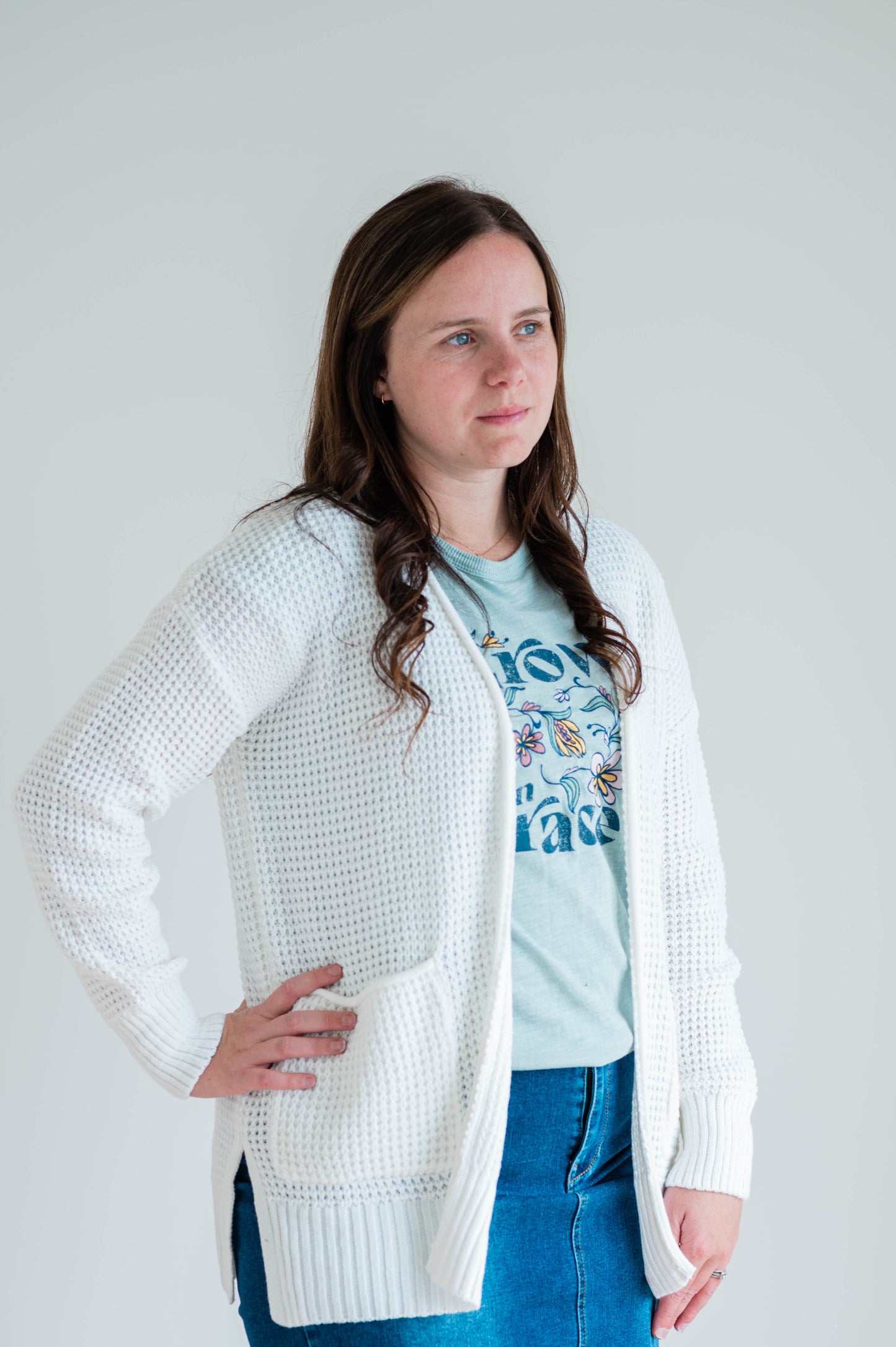 Low Gauge Waffle Open Cardigan Sweater -Ivory